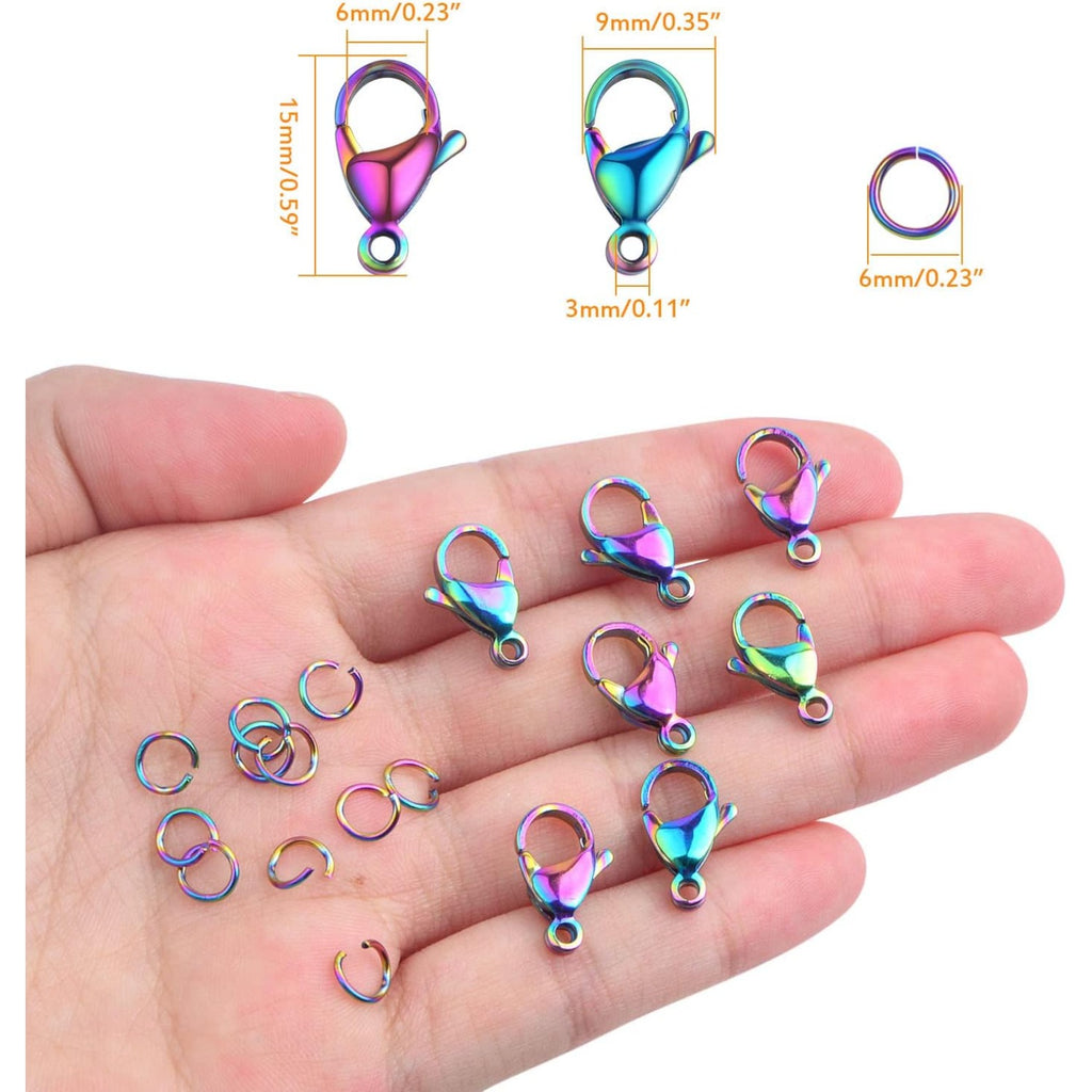 30pcs Stainless Steel Lobster Claw Clasps Fastener Hook Connectors and 30pcs 6 mm Open Jump Rings Set for DIY Bracelet Necklace Jewelry Making Findings, Rainbow Color