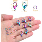 30pcs Stainless Steel Lobster Claw Clasps Fastener Hook Connectors and 30pcs 6 mm Open Jump Rings Set for DIY Bracelet Necklace Jewelry Making Findings, Rainbow Color