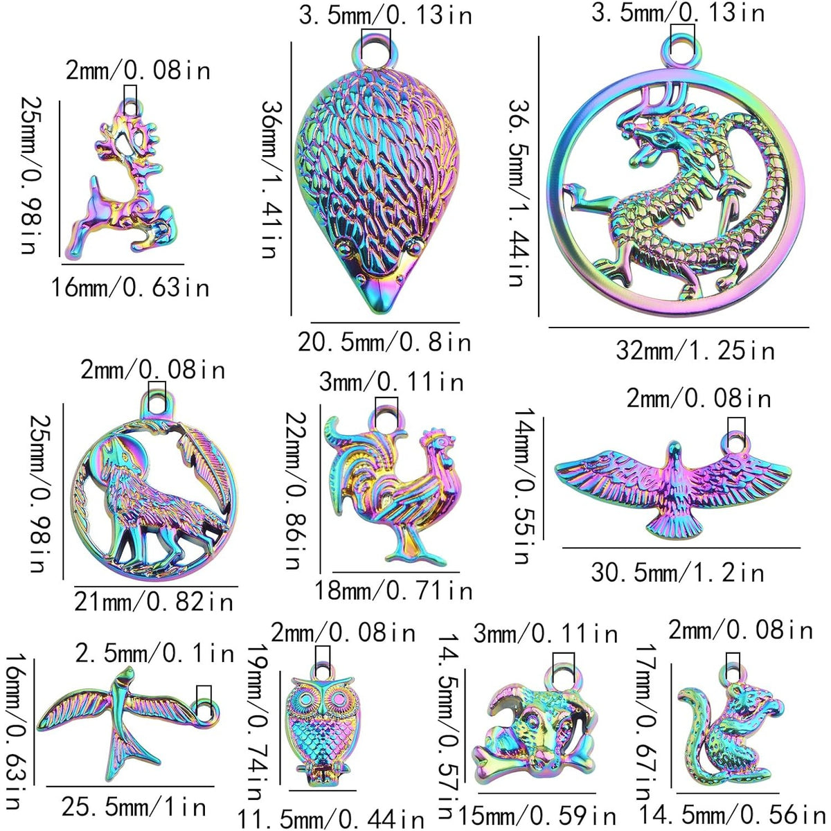 10pcs Rainbow Color Lovely Animal Charms Alloy Flying Bird Owl Squirrel Chicken Angel Wing Pendants for DIY Necklace Bracelet Jewelry Making Spring Summer Decor, 10 Styles