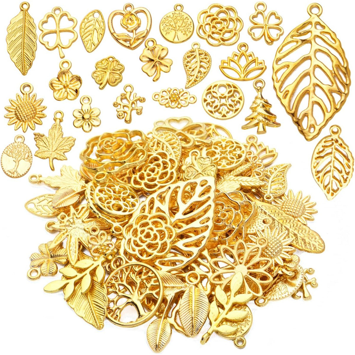 60pcs Gold Plated Leaves Flowers Charms Tree of Life Pendants Charm Alloy Vintage Hollow Charms Jewelry Making Accessory for DIY Necklace Bracelet Earrings Crafts Supplies, 30 Styles