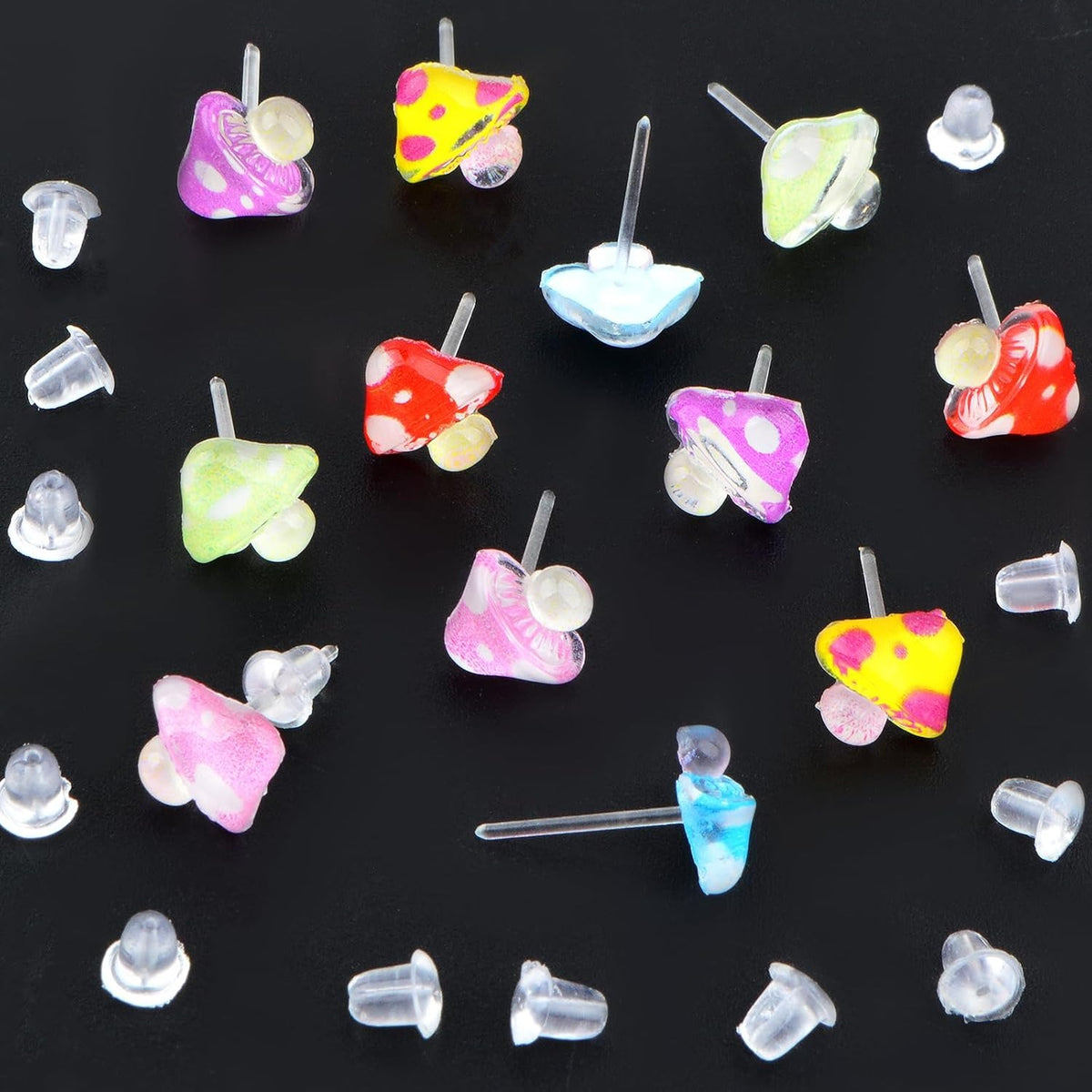 6 Pairs Plastic Mushroom Earring Posts Cute Mushroom-Shaped Earring Pin Studs with Clear Bullet Earring Backs for Women Sensitive Ears Work Home Replacements, 6 Colors
