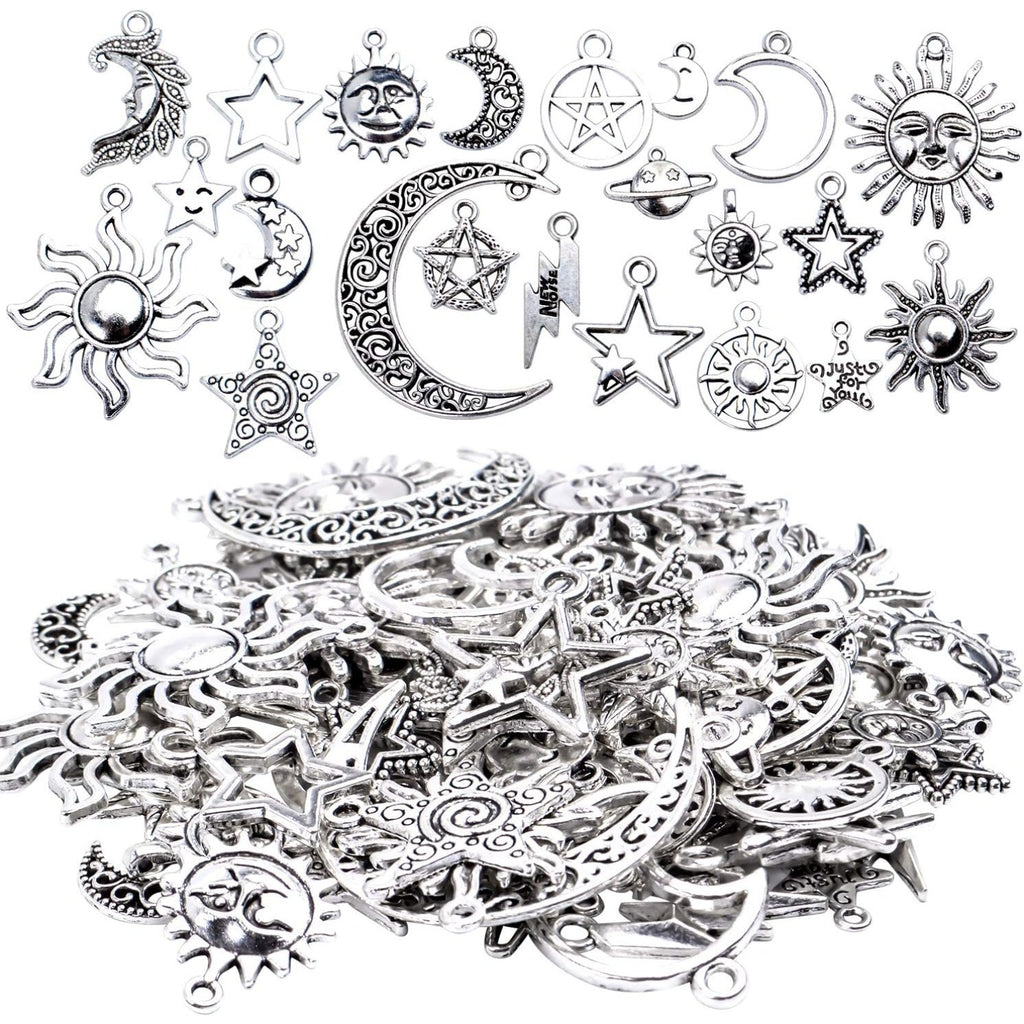 69 Pieces Antique Silver Alloy Moon Star Sun Charms Pendants Celestial Pendants Jewelry Findings for Necklace Bracelet Jewelry Making, 23 Styles