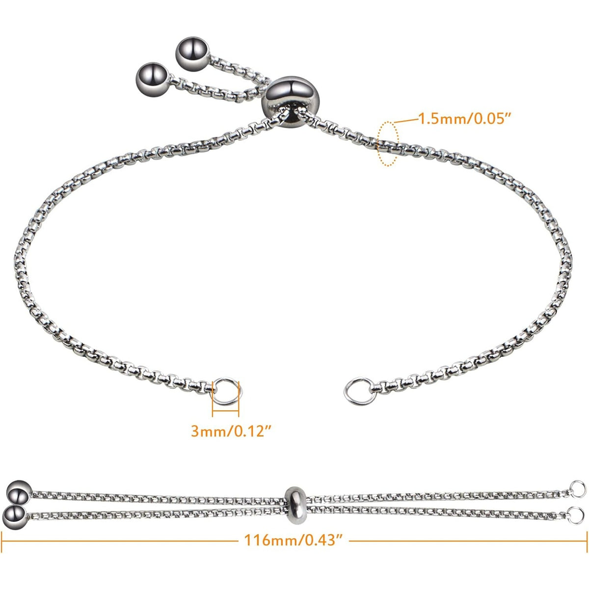 5 Pieces 116 mm Stainless Steel Adjustable Slider Bracelets Hypoallergenic Slider Bracelet Extender Chains with Ball Ends for Women Girls Semi Finished DIY Jewelry Making