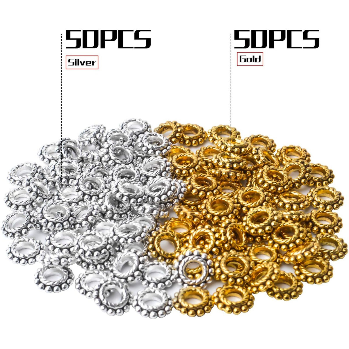 100pcs Alloy 8mm Spacer Beads - Jewelry Spacer Beads with A Box for DIY Bracelet Making (Antique Silver and Antique Gold)