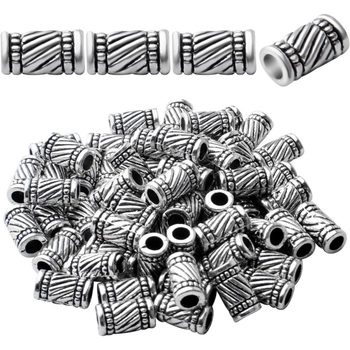 60pcs Antique Silver Plated Column Spacer Beads Alloy Tibetan Bead Spacer Tube Jewelry Spacers Loose Beads Charm Beads for DIY Jewelry Bracelet Making Finding Accessory