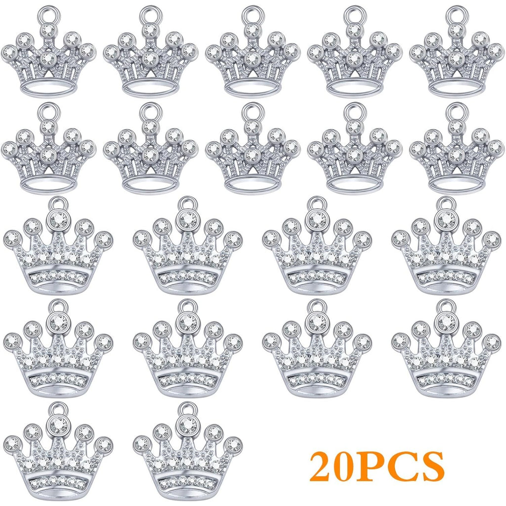 20pcs Silver Crown Shape Dangle Charms Alloy Lovely Queen Crown Pendants with Rhinestone Craft Supplies for DIY Necklace Earrings Jewelry Making Valentine's Gifts, 2 Styles