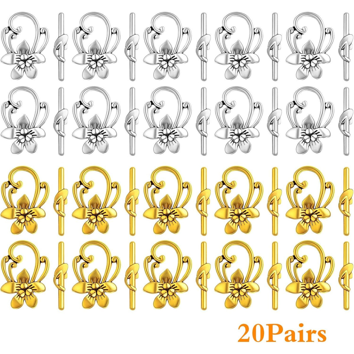 20 Sets Butterfly Bracelet Toggle Clasps T-Bar End Tibetan Closure Filled Fastener Hook Toggle Connectors for DIY Necklace Jewelry Craft Making, 2 Colors