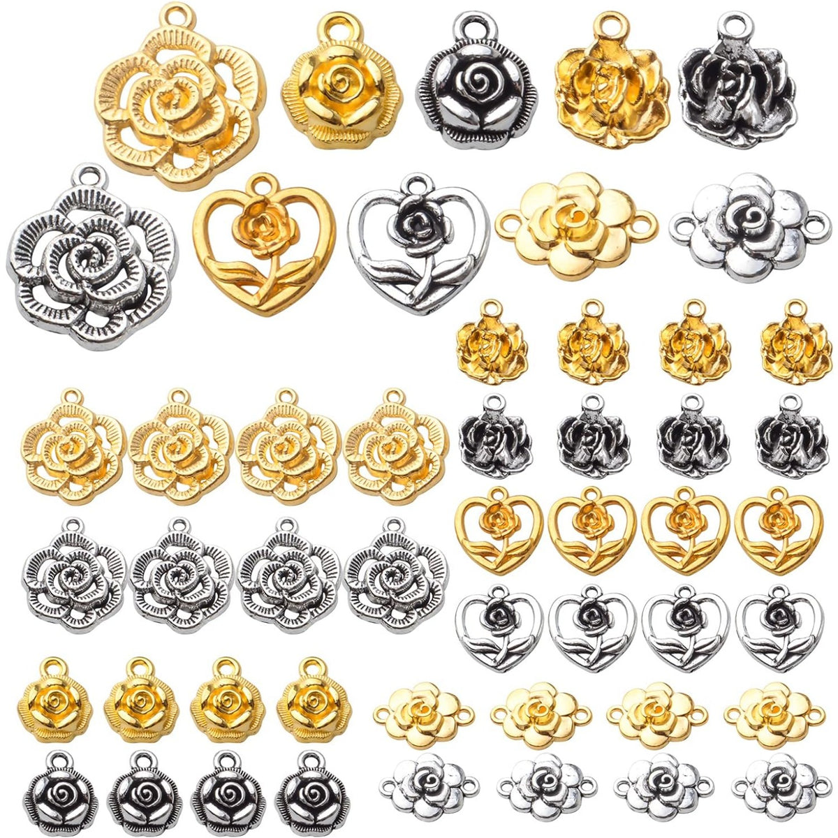 50pcs Rose Charms Pendants Alloy Rose Flower Charms Flower Connector Charms Rose Bead Charms for DIY Earrings Bracelet Necklace Jewelry Crafts Making Finding,5 Styles