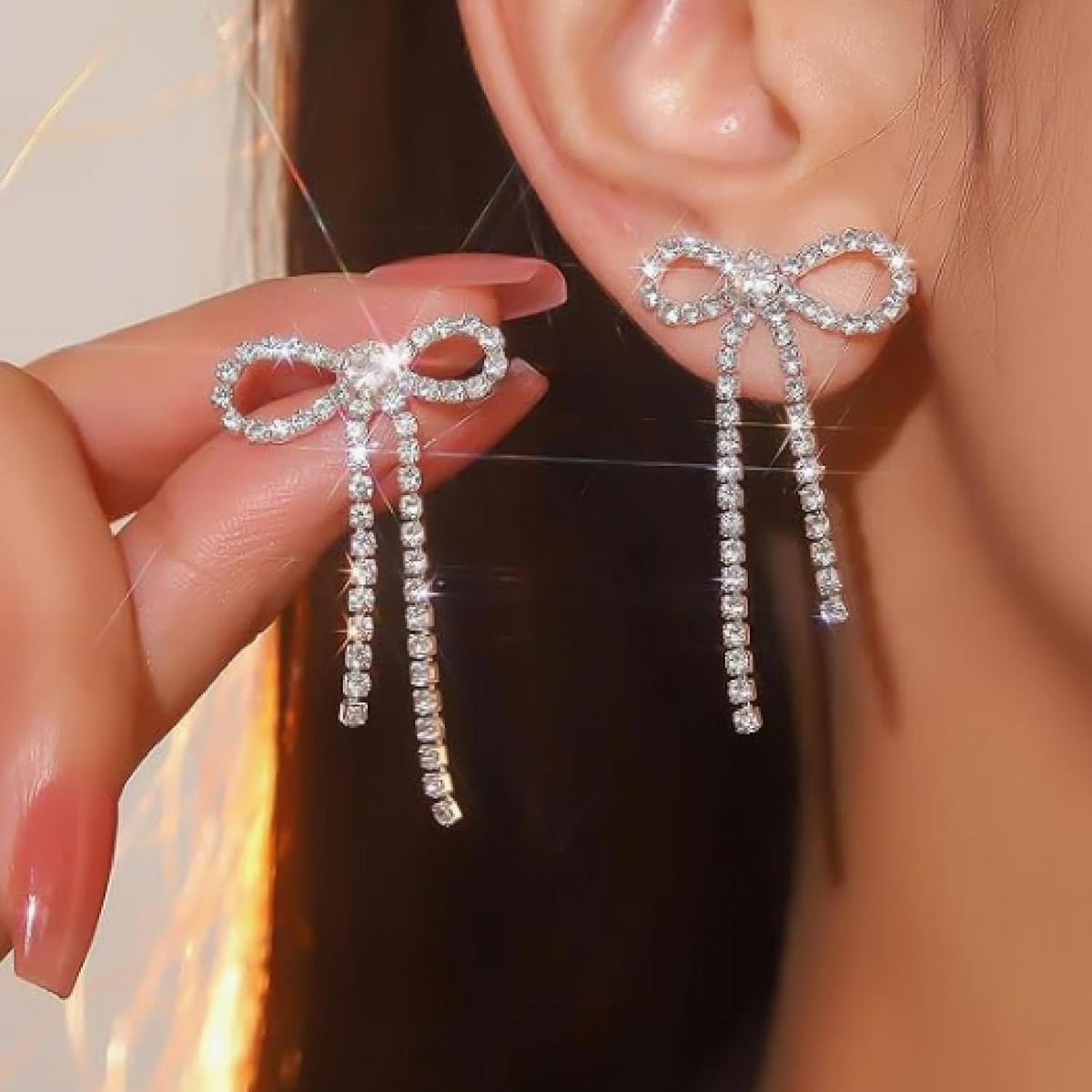 2 Pairs of Bow Rhinestone Dangle Earrings Silver Bowtie Tassels Ribbon Diamond Chain Drop Earring Studs Dangling for Women Bridal DIY Earrings Findings Wedding Prom Gift