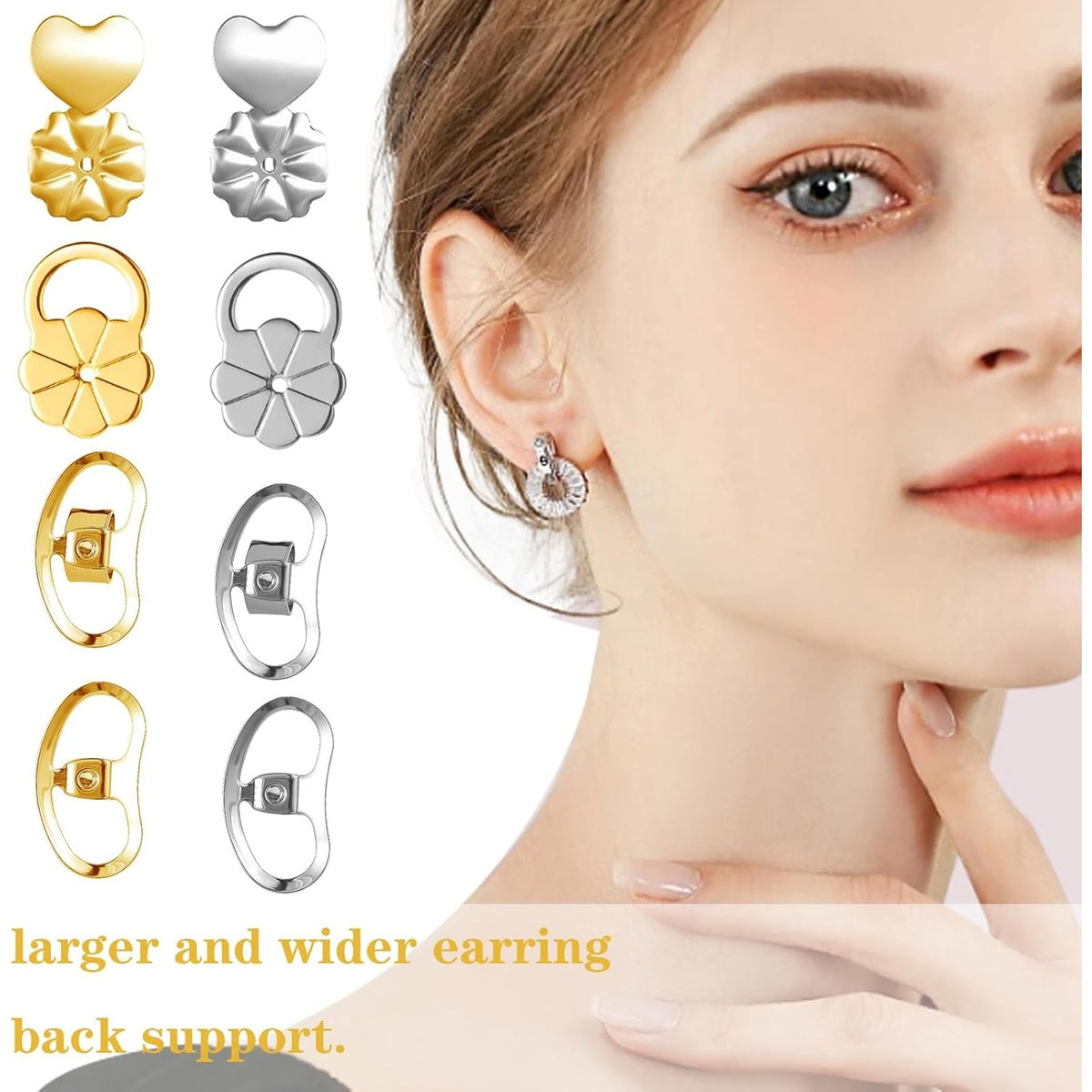 16pcs Earring Backs for Droopy Ears, Adjustable Heavy Earrings Lifters Backs Brass Secure Ear Support Backings Stoppers Repacements for Studs Droopy Earlobe Hoops, 4 Styles