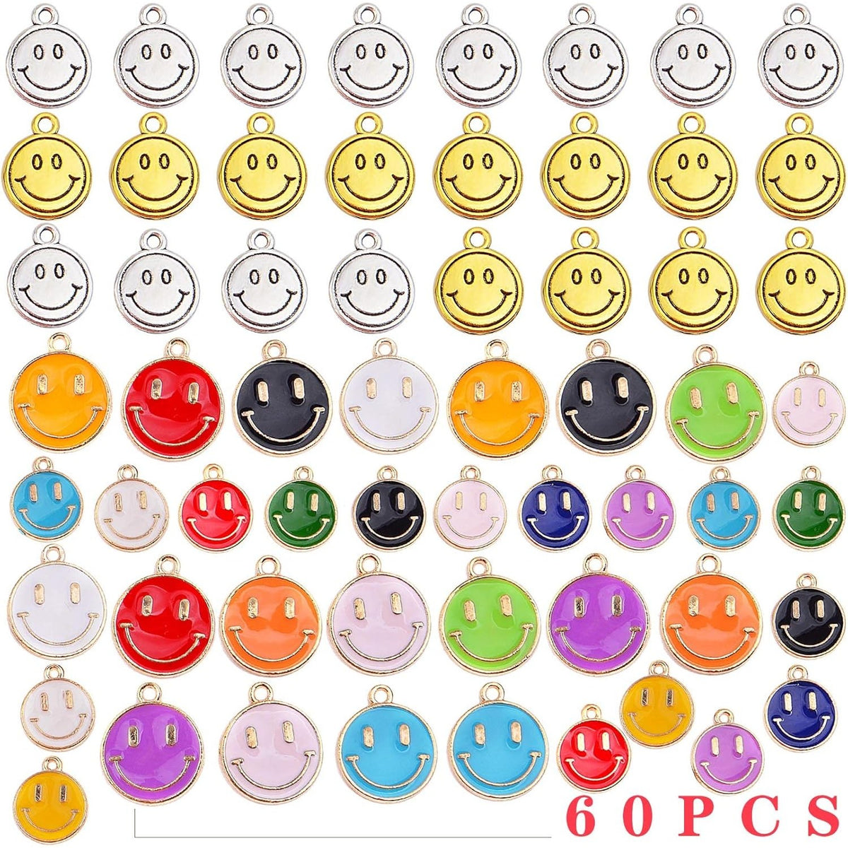 60pcs Golden Plated Colorful Enamel Smiley Face Charms Antique Alloy Smiling Happy Face Dangle Pendants Craft Supplies for DIY Jewelry Making Decorative Gifts, 3 Sizes