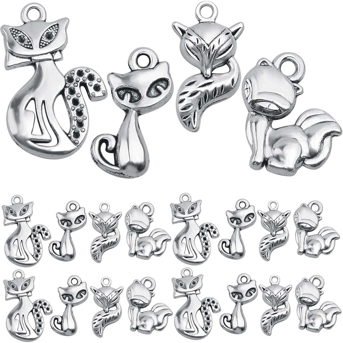 50pcs Antique Silver Fox Kitty Pendant Charms Tibetan Alloy Cute Cat Pendant Vintage Animal Dangle Charms Bulk for DIY Necklace Bracelet Keychain Jewelry Making, 5 Styles…
