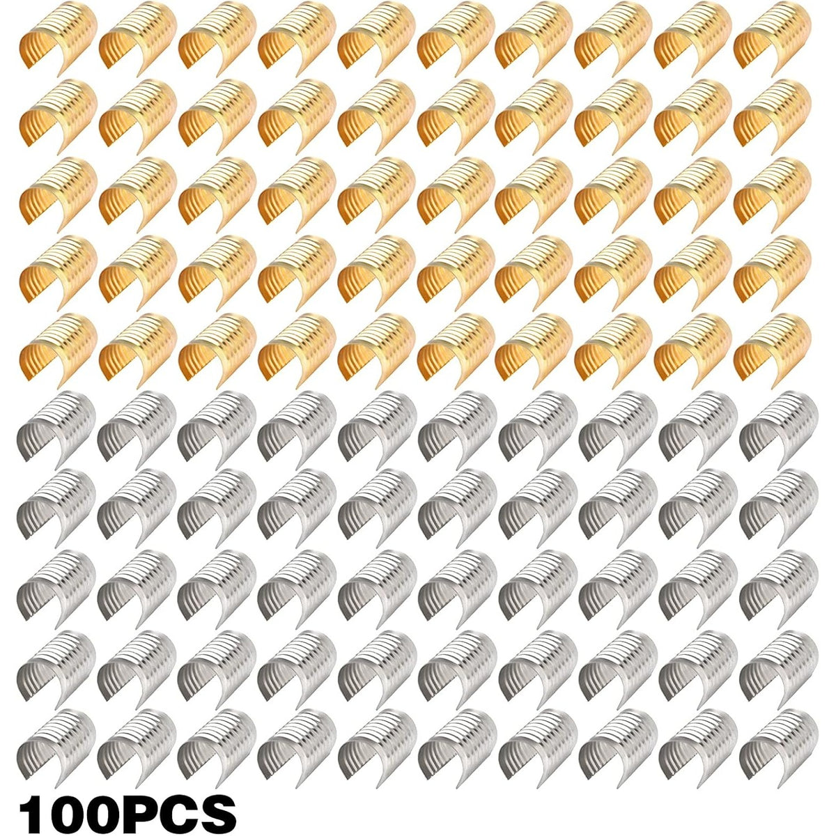 100pcs Leather Rope Clips Foldable Metal Round Fastener Crimping Cord String Leather Cord Clamp for DIY Handmade Necklace Crafts Jewelry Making Findings, Light Golden and Silver, 14.1 mm x 9 mm