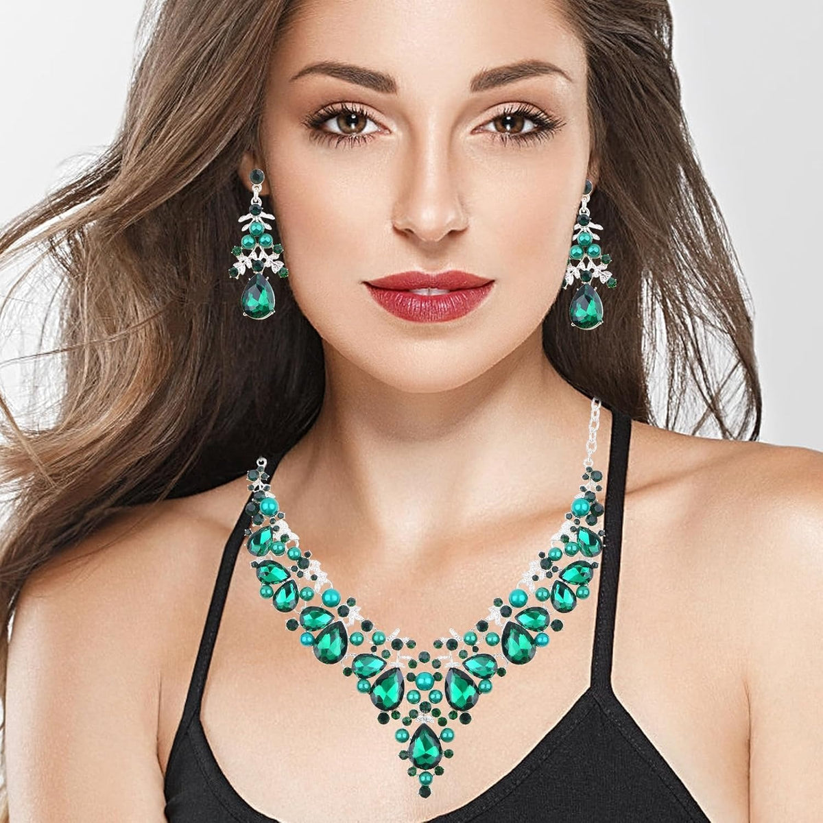 Jewelry Set for Women, 1 Set Green Pearl Crystal Necklace and Dangle Earrings Elegant Bridal Floral Cluster Teardrop Statement Necklace Earrings for Party Prom Gifts