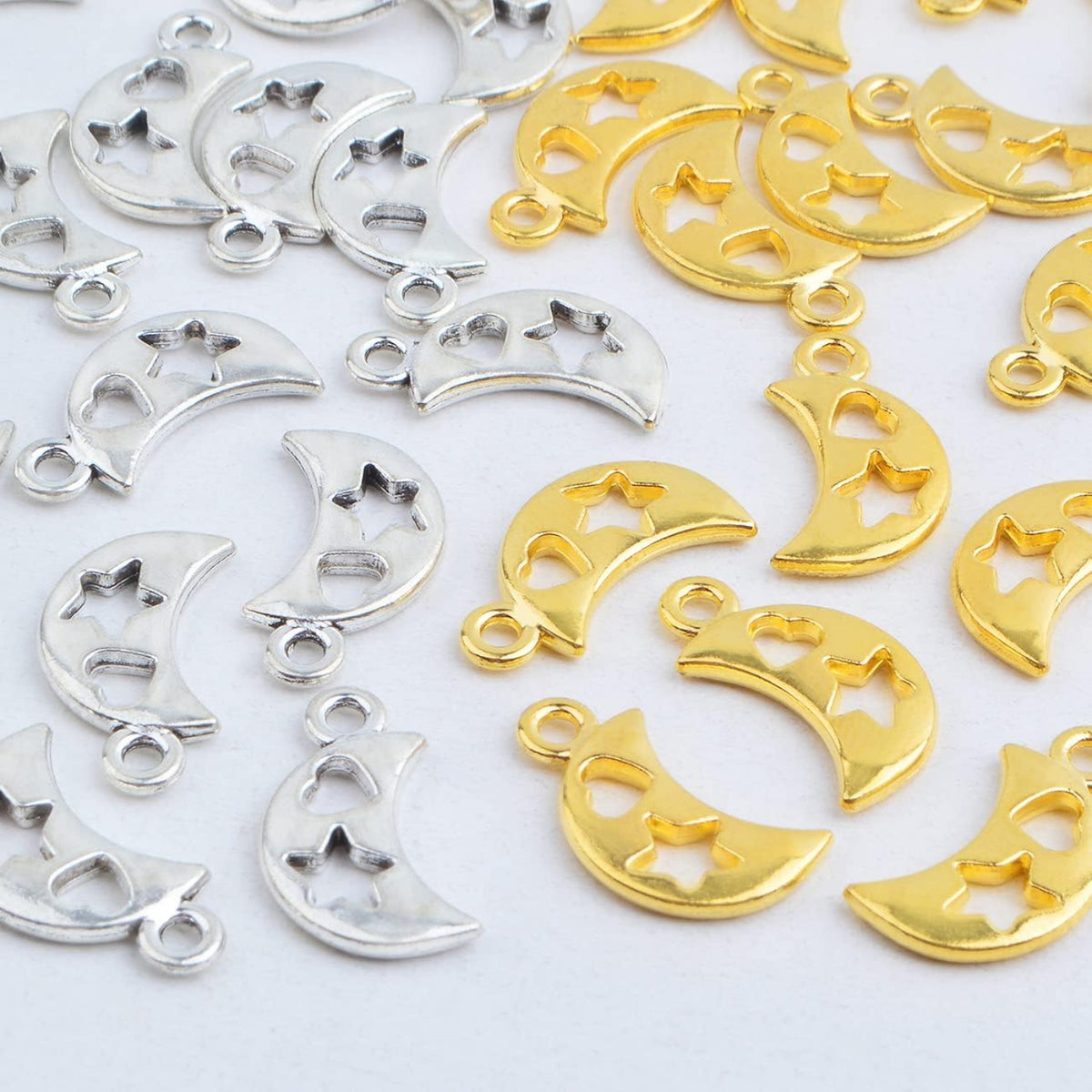 100pcs Hollow Crescent Moon Pendant Charms Tibetan Alloy Double-sided Smooth Moon Star Love Dangle Pendants for DIY Bracelet Necklace Earrings Jewelry Making, 2 Colors