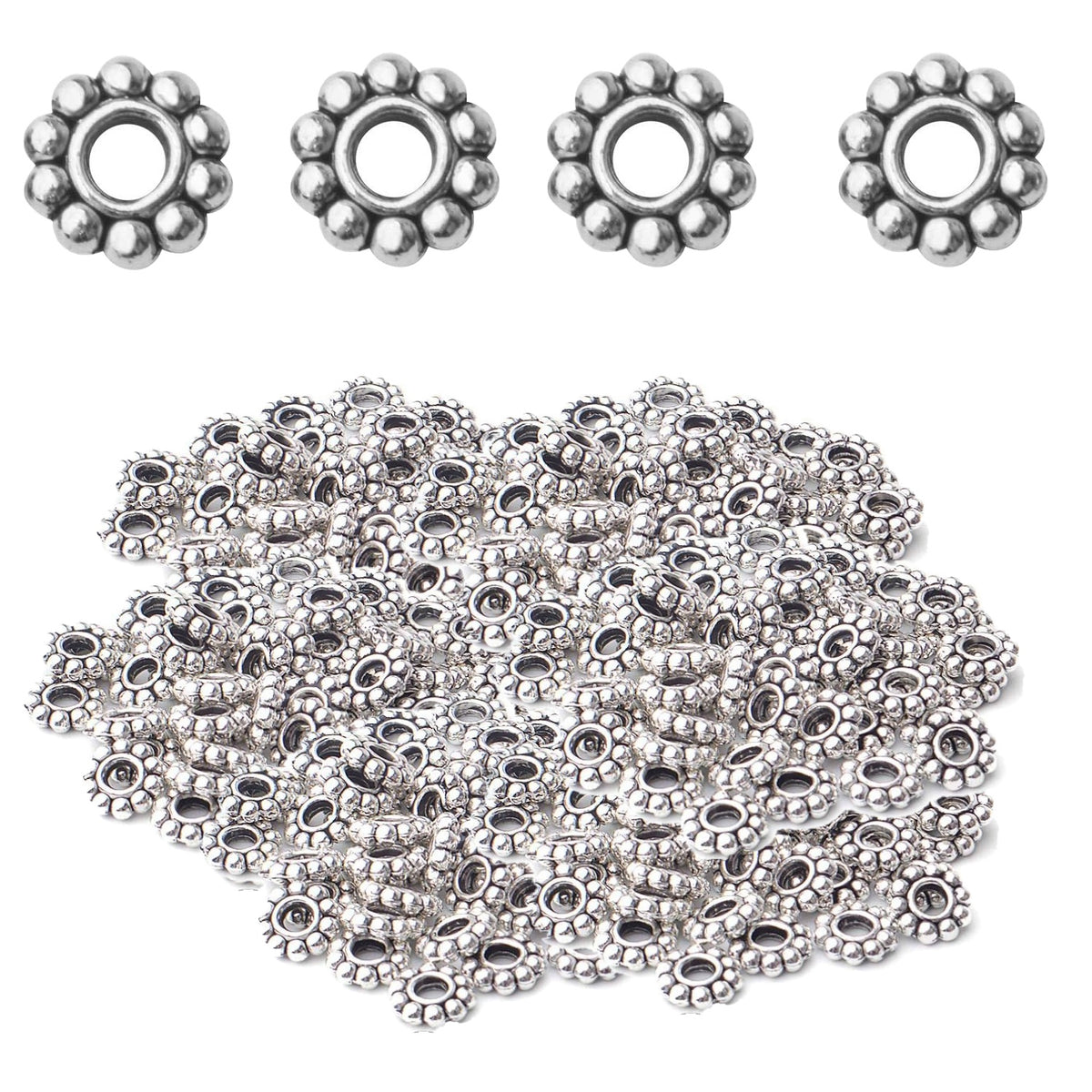 200pcs 4 Colors 6mm Flower Spacer Beads Tibetan Alloy Daisy Spacers Snowflake Loose Beads Jewelry Spacer Charms for DIY Bracelet Jewelry Crafts Making