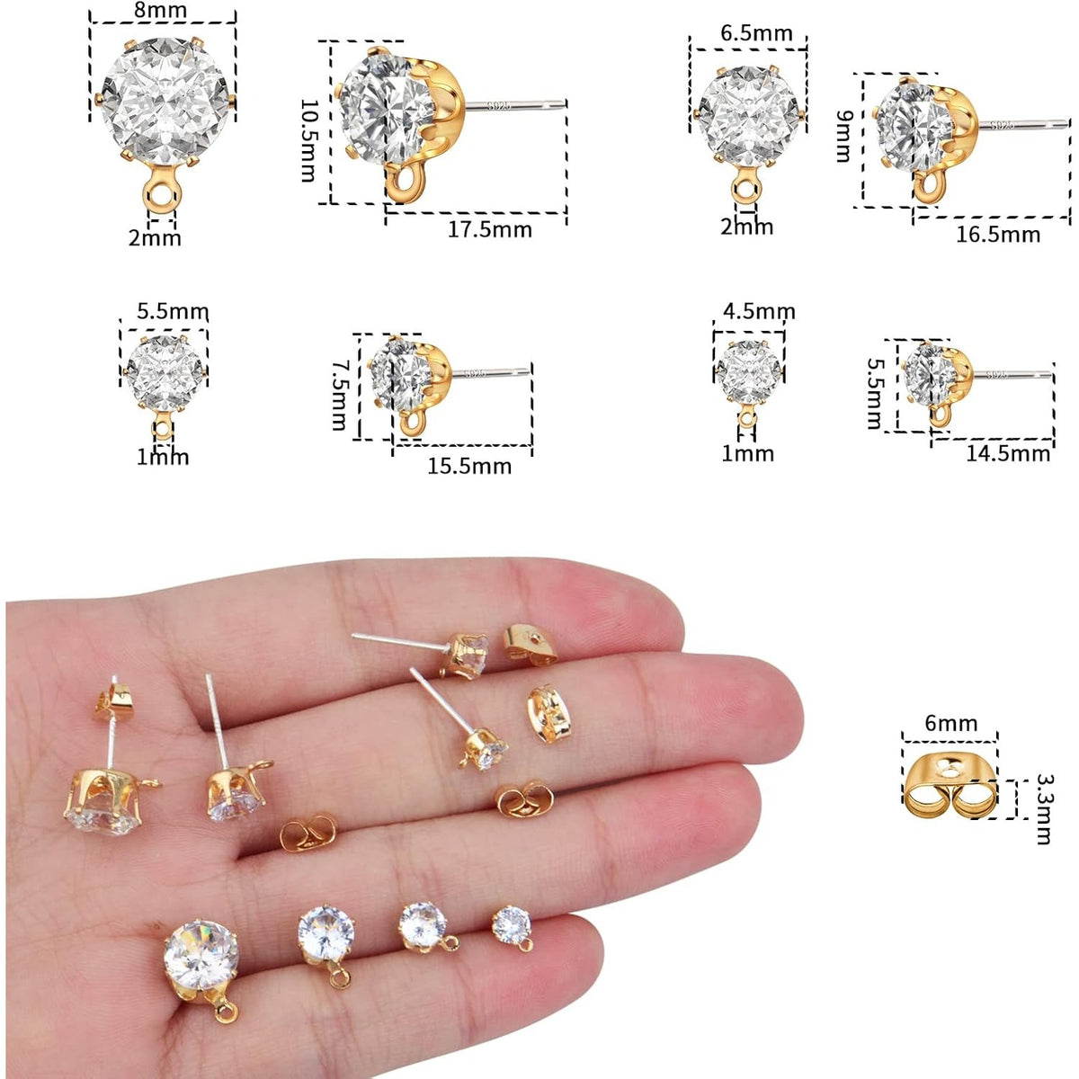40 Pieces Cubic Zirconia Earring Posts with Loop Golden Rhinestone Earring Studs and 40 Pieces Butterfly Earring Safety Backs for DIY Jewelry Making, 4 Sizes