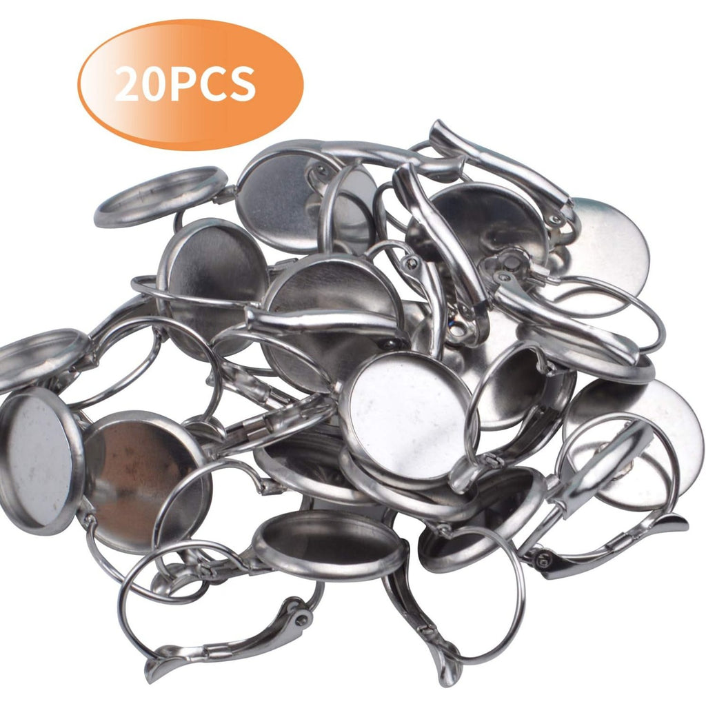 Hook Earring Cabochon Settings, 20 Pieces Lever Back Hook Earrings with Flat Round Tray Blank Cabochon Setting Ear Wires for Earring Designs(12 mm)