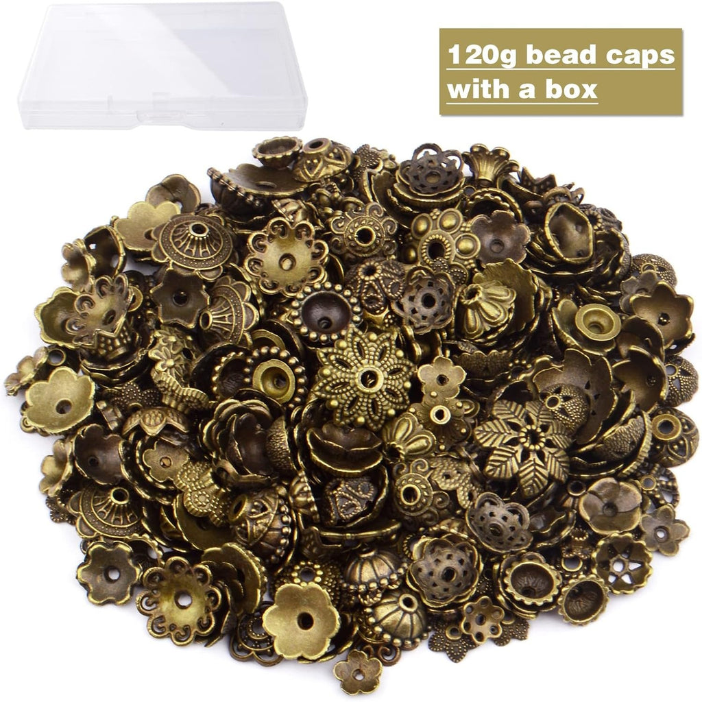 120g Bead Caps with A Clear Storage Box, Tibetan Gold Beads Spacers Jewelry Findings Accessories for Jewelry Making 300-350 Pieces