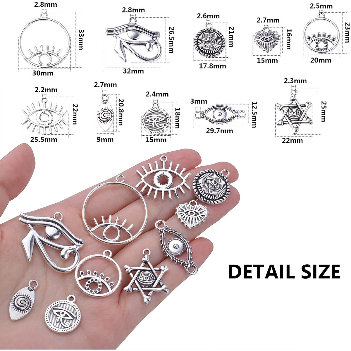 60pcs Antique Silver Eye of Horus Charms Tibetan Alloy Vintage Dangle Pendants Jewelry Making Accessories for DIY Earrings Necklace Bracelet Crafts Supplies, 10 Styles