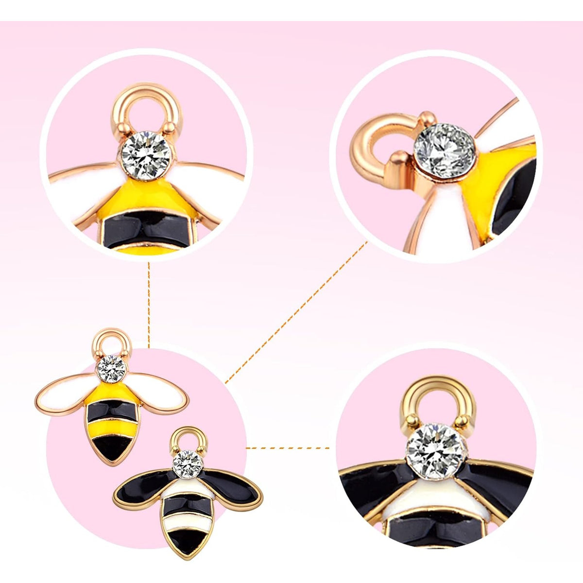 24pcs Alloy Enamel Bee Charms Cute Animal Honeybee Insect Pendant Charms with Rhinestone for DIY Necklace Bracelet Earrings Jewelry Making Decor, Yellow and White