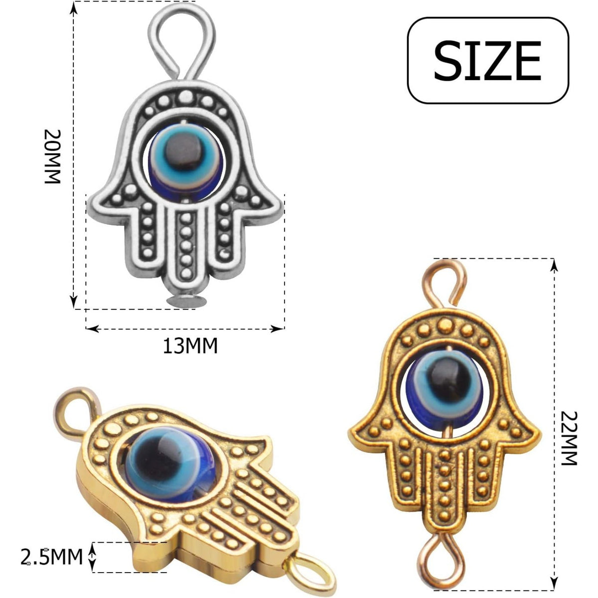 Hamsa Hand Beads Charms, 40pcs Antique Blue Evil Eye Beads Fashion Connectors Pendants Fatima Symbol Charms for DIY Necklace Bracelet Jewelry Making