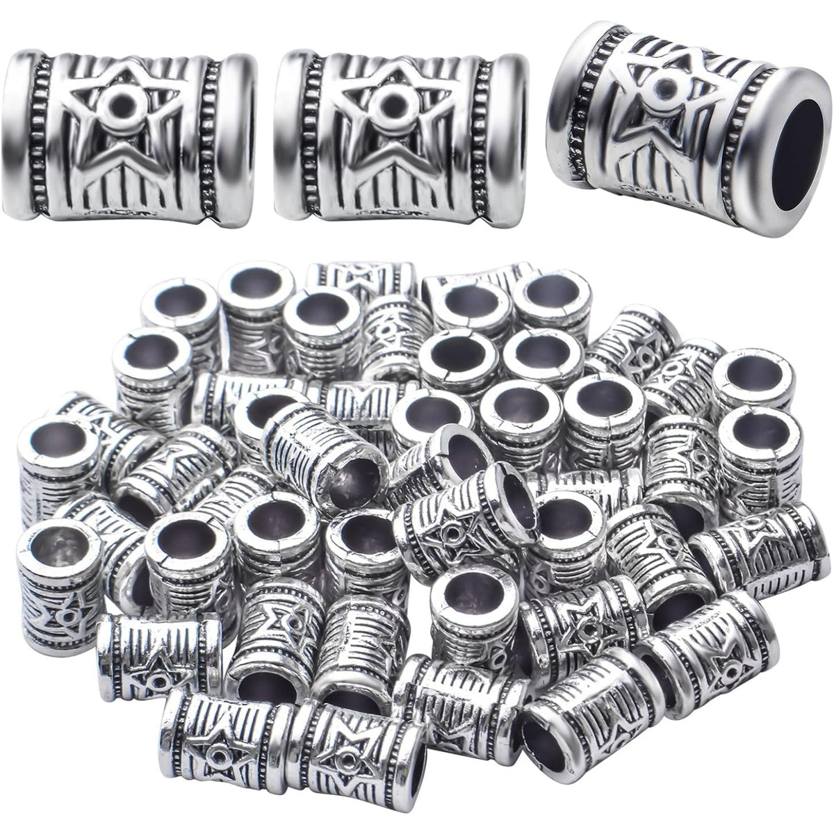 50pcs Antique Silver Large Hole Spacer Beads Alloy Tibetan Tube Bead Spacers Column Beads Loose Beads Charm Beads for DIY Jewelry Bracelet Crafts Making,Hole: 5.3mm