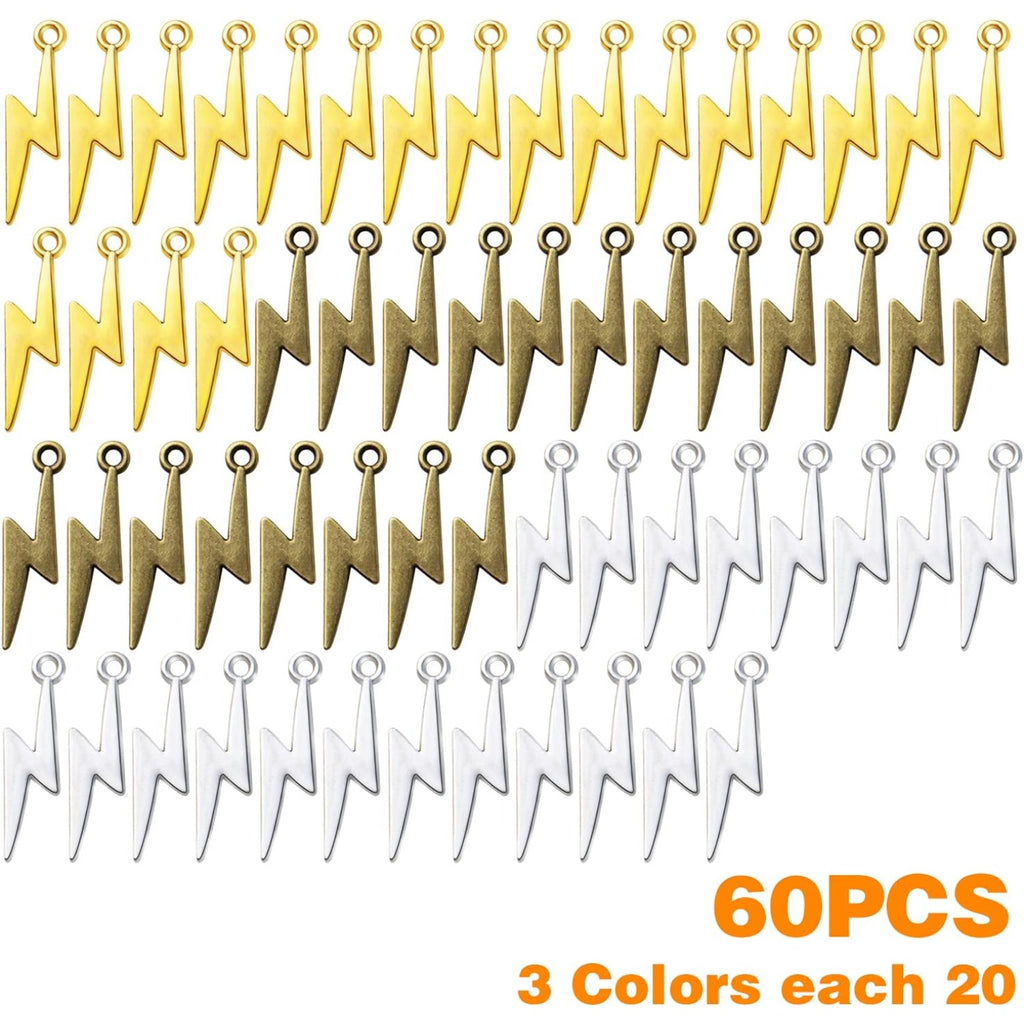 60pcs Lightning Bolt Pendants Alloy Flash Lightning Charms Thunder Flash Celestial Dangle Charms for DIY Earrings Bracelet Crafts Jewelry Making Accessory,28mm×7.7mm