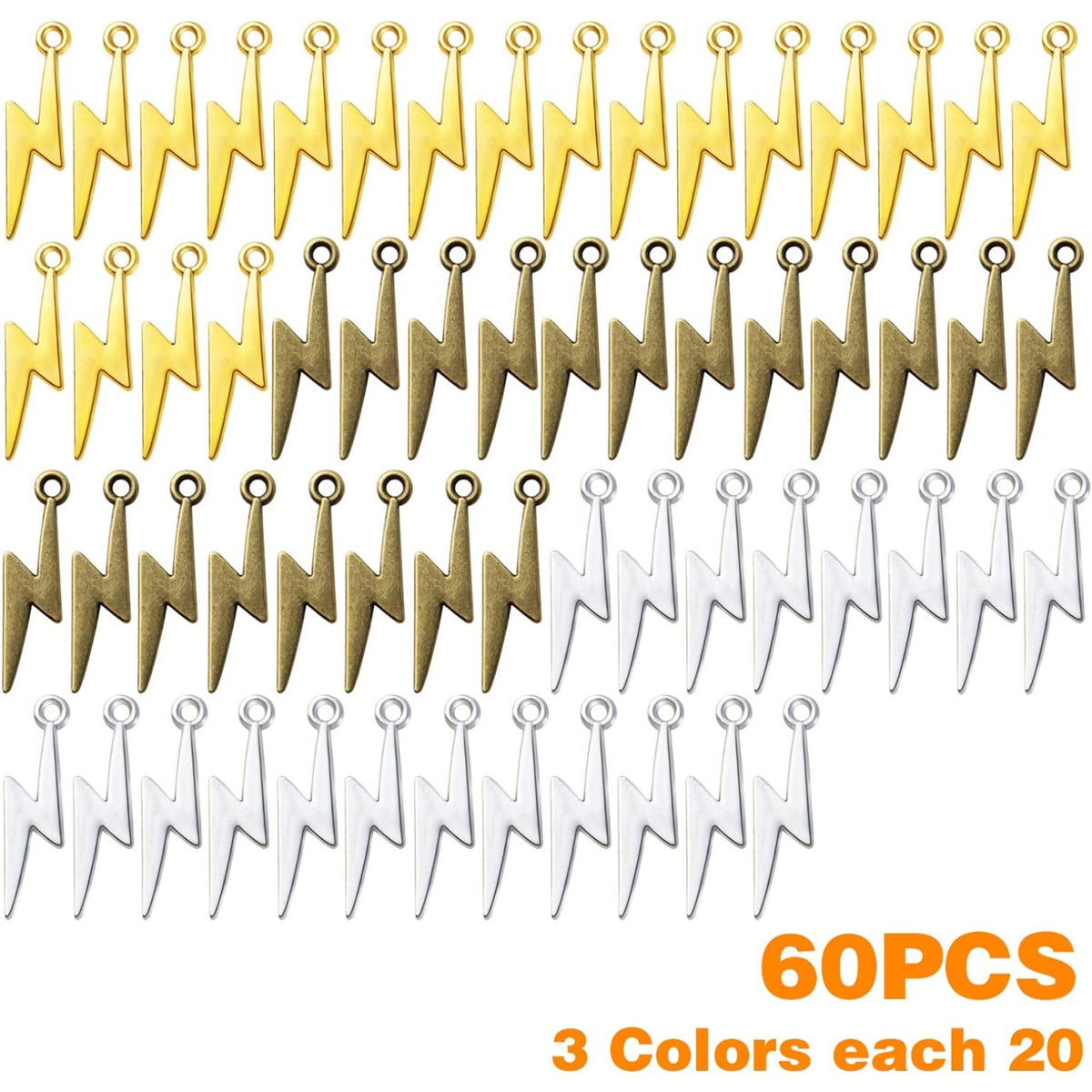 60pcs Lightning Bolt Pendants Alloy Flash Lightning Charms Thunder Flash Celestial Dangle Charms for DIY Earrings Bracelet Crafts Jewelry Making Accessory,28mm×7.7mm