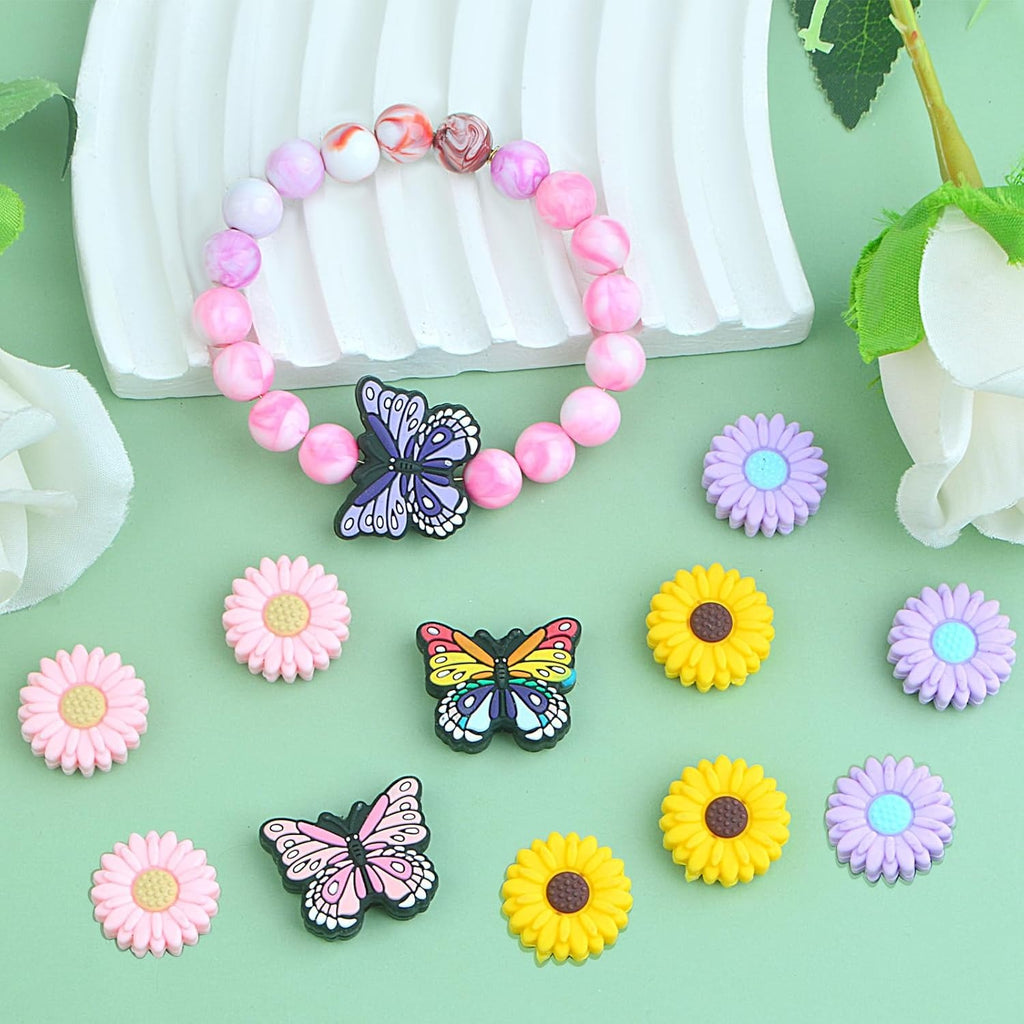 12Pcs Colorful Silicone Focal Beads Daisy Flower Butterfly Beads Sunflower Soft Rubber Silicone Loose Spacer Beads Bulk for Adults DIY Bracelets Keychains Jewelry Making Craft Supplies