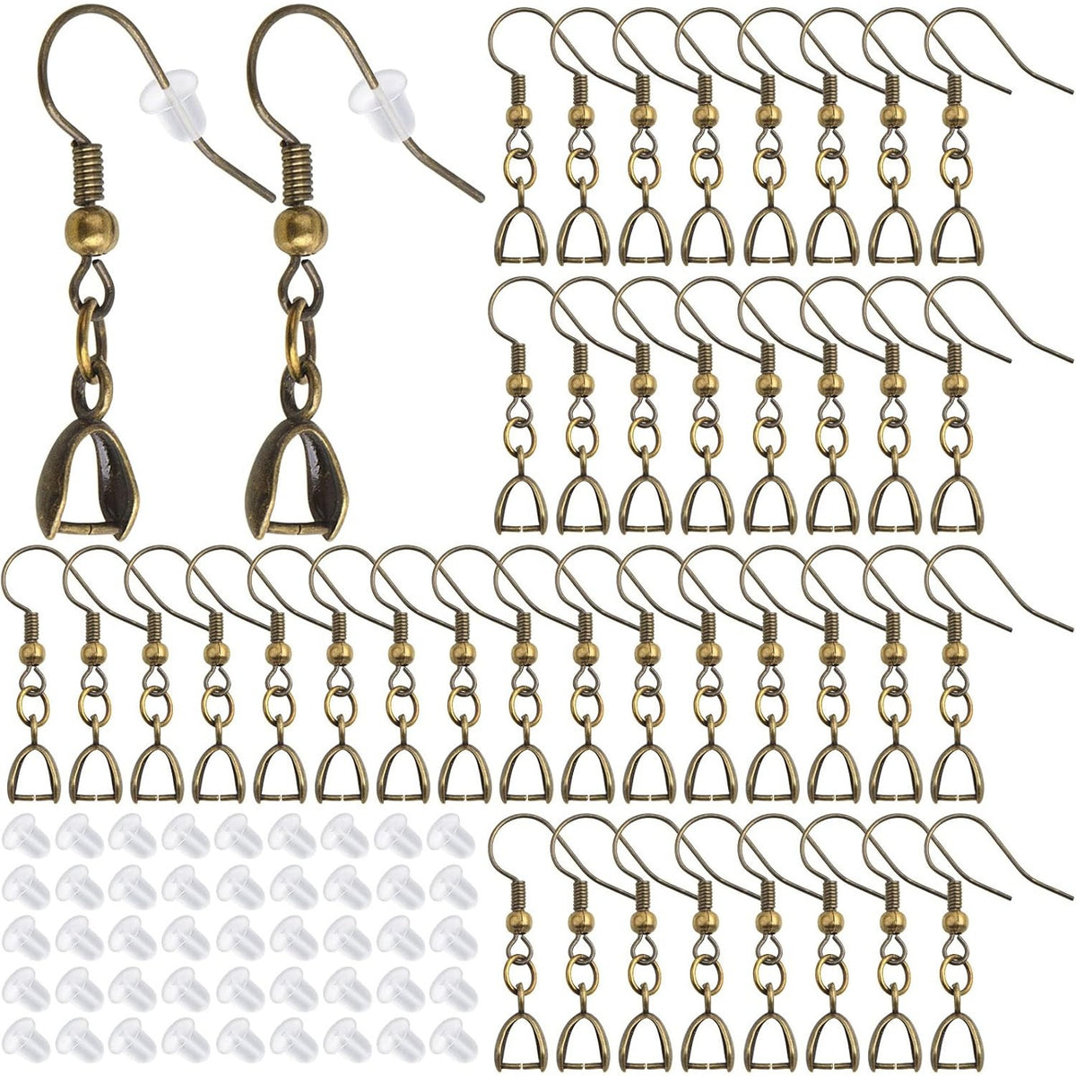 50pcs Antique Bronze French Earring Fish Hooks Hypoallergenic Brass Earwire Hooks with Pendant Clasps and 50pcs Clear Earring Safety Backs for DIY Earrings Making Findings