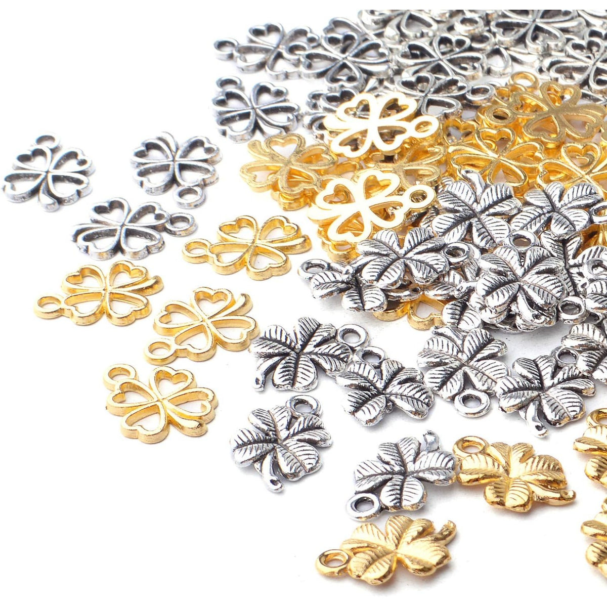 100pcs 2 Styles Alloy Four Leaf Clover Charms Lucky Charms Pendents for DIY Bracelet Necklace Jewelry Making Findings, Gold and Antique Silver
