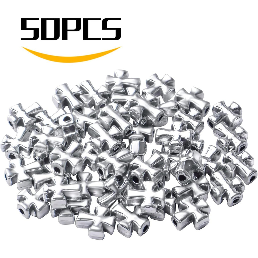 50pcs Antique Silver Cross Spacer Beads Tibetan Alloy Crucifix Cross Charm Beads for DIY Jewelry Bracelet Making,9.6mm×8.4mm