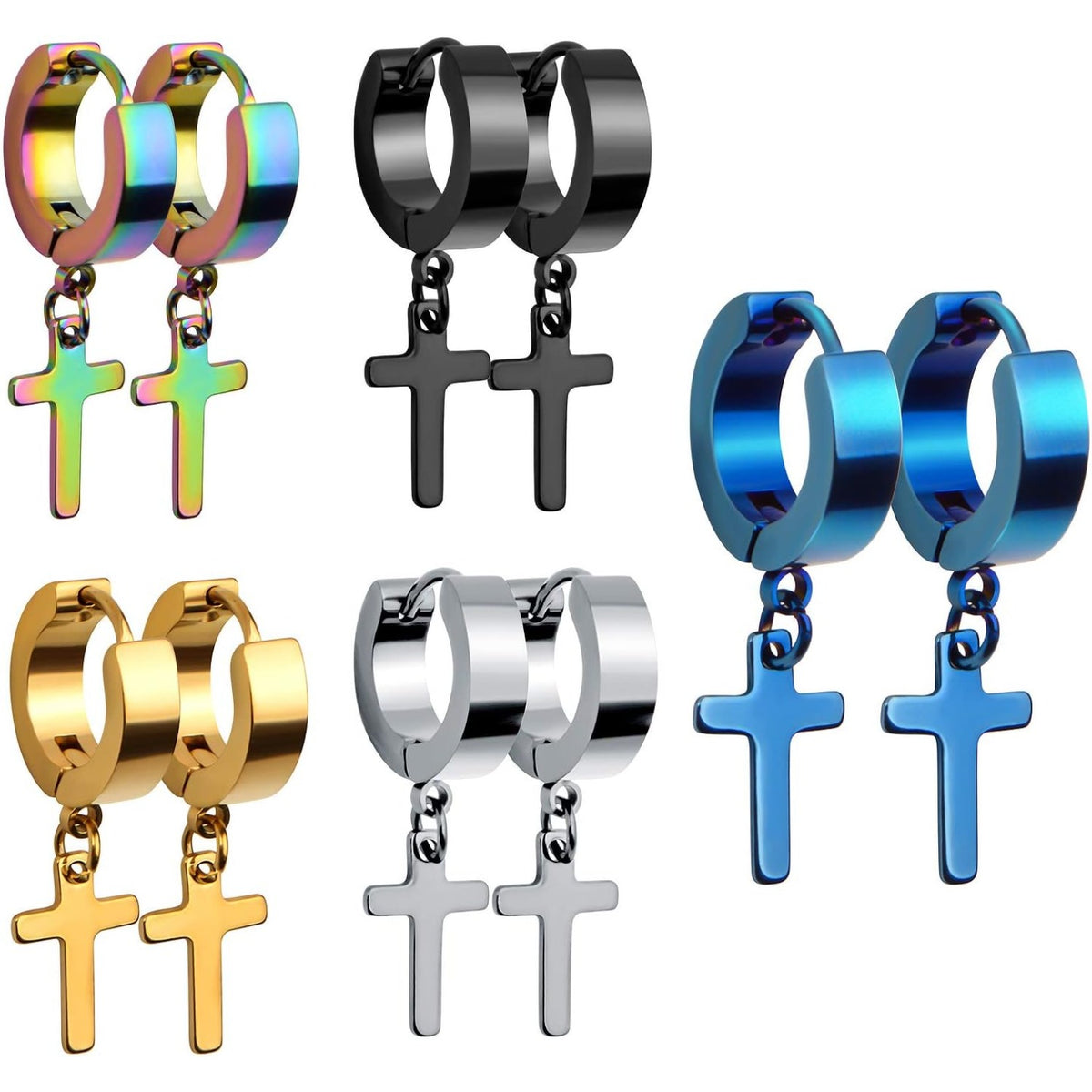 5 Pairs Stainless Steel Hoop Earrings Small Hypoallergenic Hoops Huggie Earrings with Cross for Men Women,5 Colors