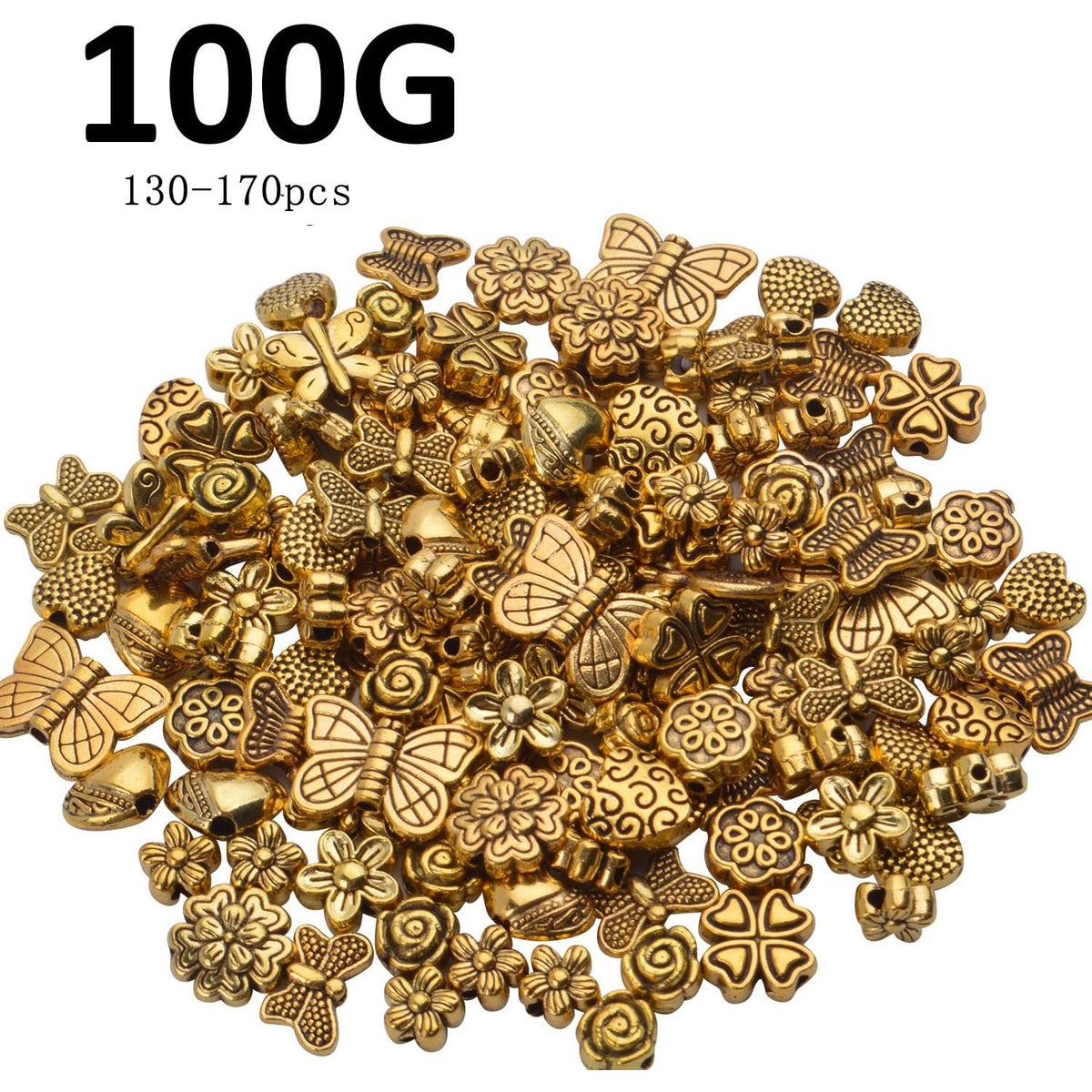 100 Gram(About 130-170pcs) Antique Gold Alloy Heart Butterfly Flower Beads Charm Bead Spacers Jewelry Findings Accessories for Bracelet Necklace Jewelry Making