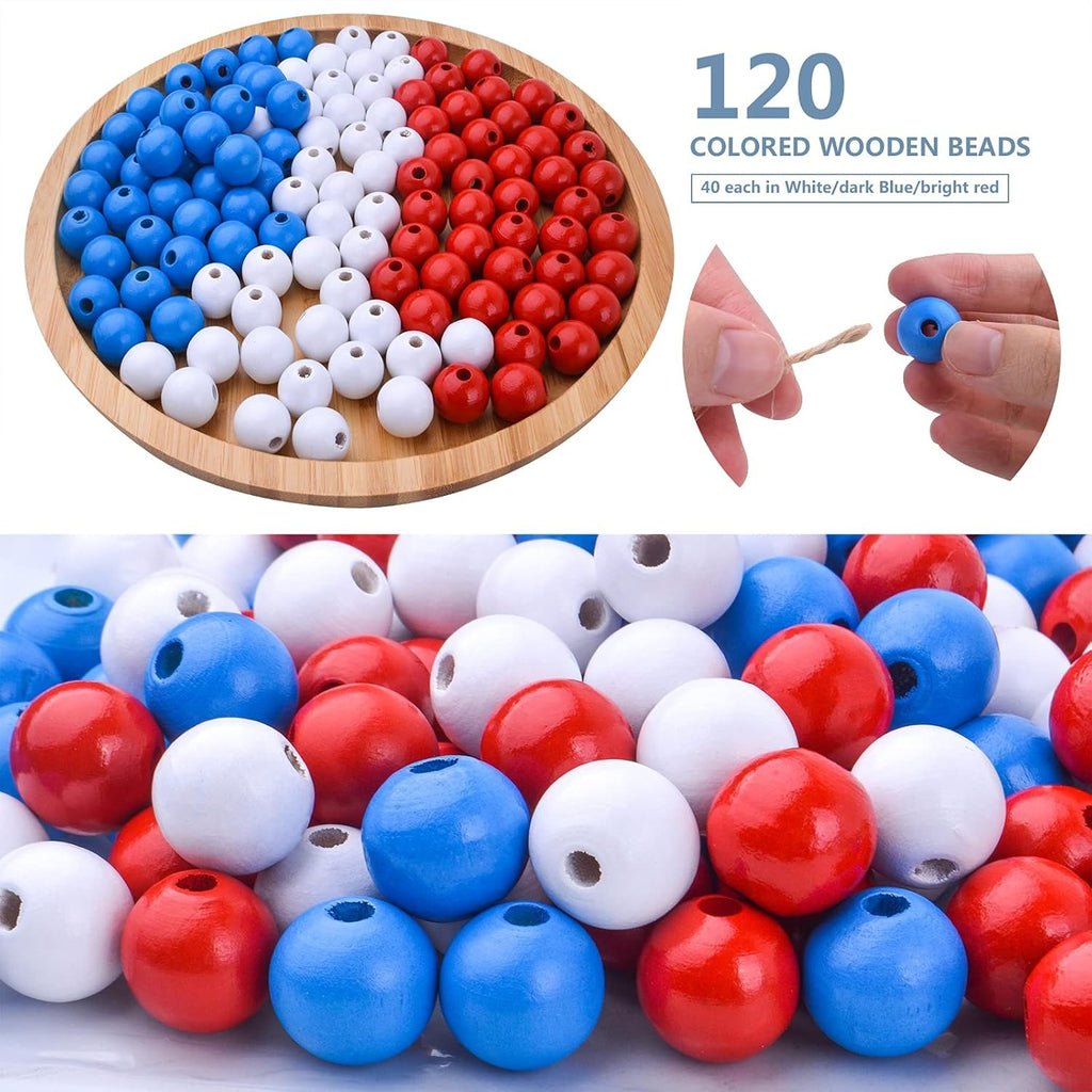 120pcs Independence Day Natural Wood Beads 16mm Patriotic Round Wooden Beads Red White Blue Wood Ball Beads Loose Beads for 4th of July Garland Home Decoration Jewelry Making
