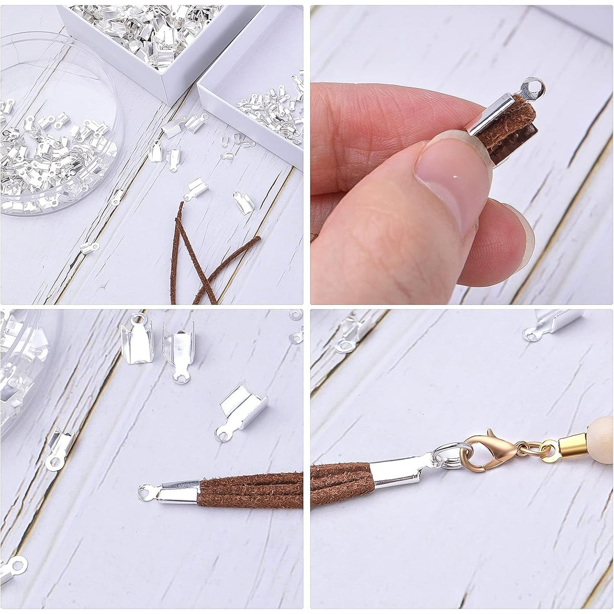 600pcs Silver Fold Over Cord Ends Metal Cord Crimp End Tips Fold-Over End Caps Leather Ribbon Ending Clasp Tips Jewelry Connector for Necklace Bracelet Making, 3 Sizes