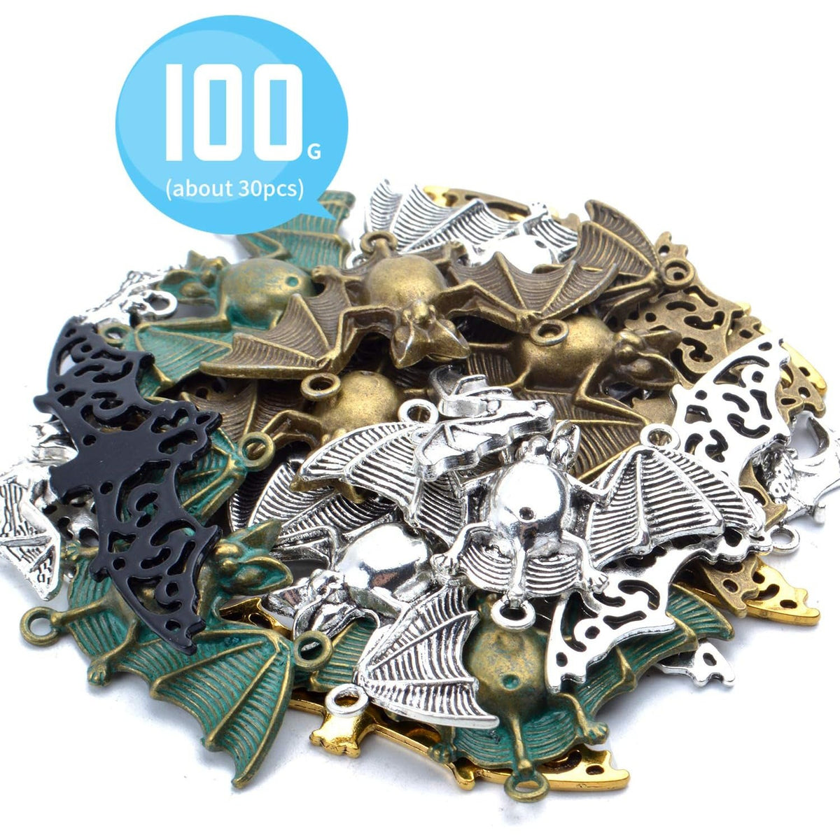 100g (about 30 pieces) Metal Alloy Bat Pendant Charm Mixed Halloween Flittermouse Flying Vampire Connector Charms for Jewelry Making Bracelet Necklace