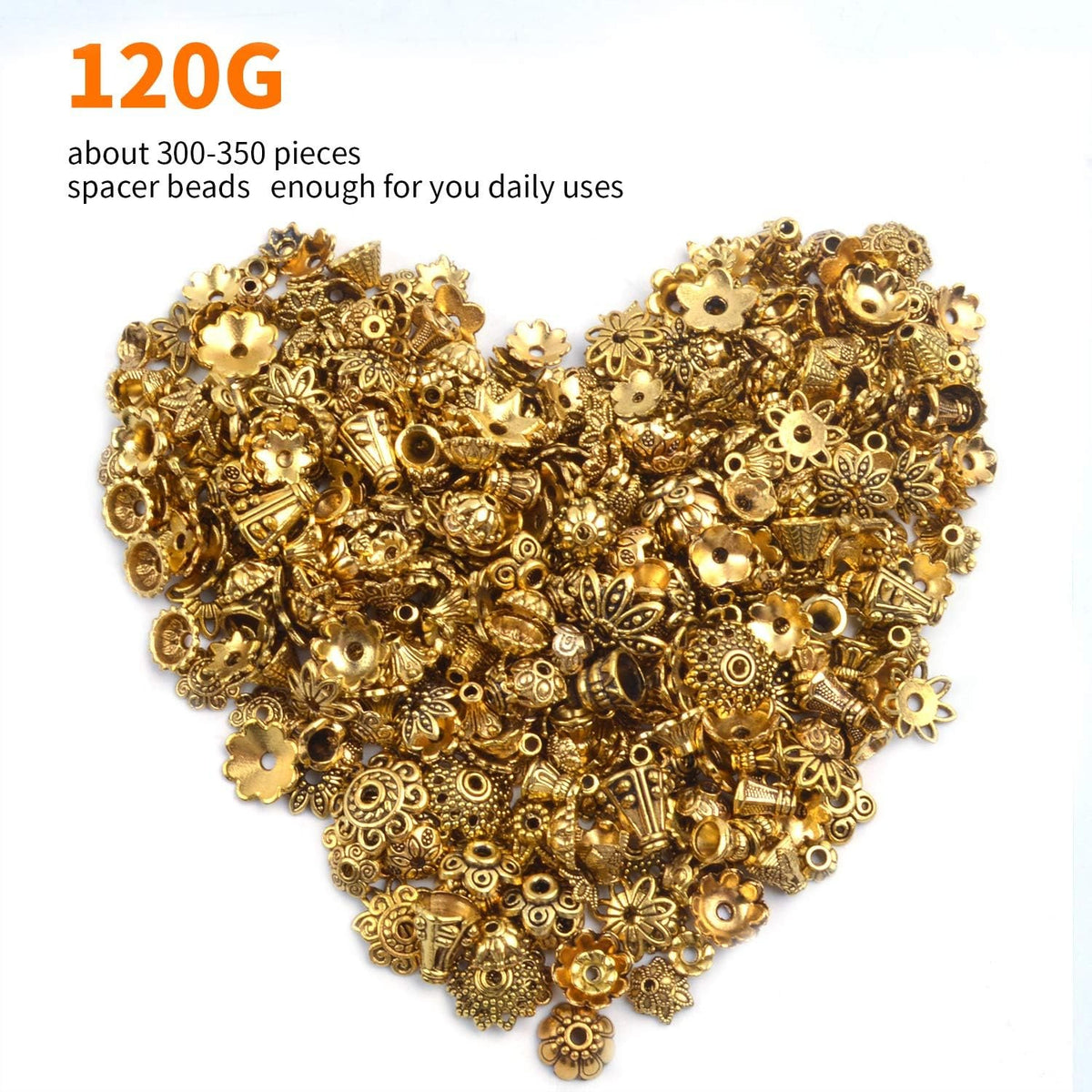 120g Bead Caps with A Clear Storage Box, Tibetan Gold Beads Spacers Jewelry Findings Accessories for Jewelry Making 300-350 Pieces