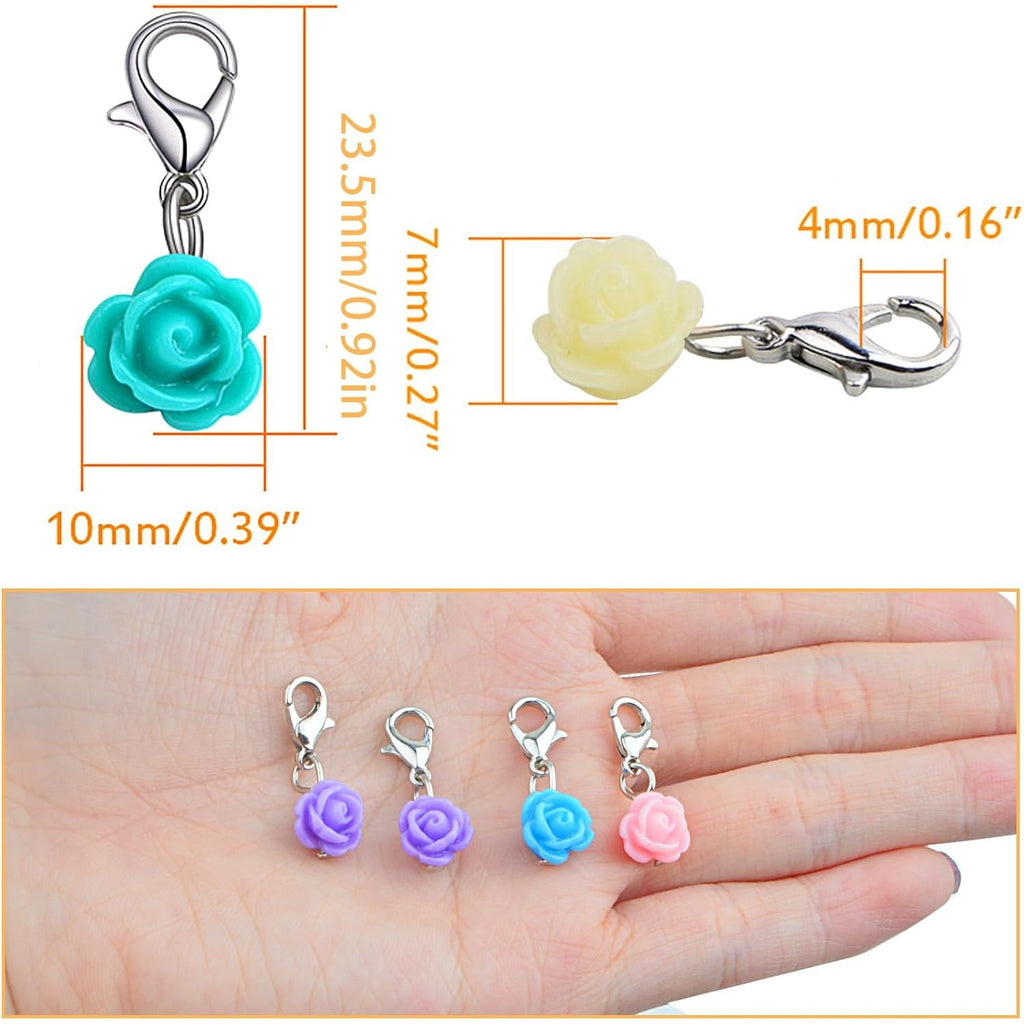 24pcs Clip On Flower Charms Rose Dangle Charms Pendant with Lobster Clasp for DIY Bracelet Necklace Jewelry Making,12 Colors