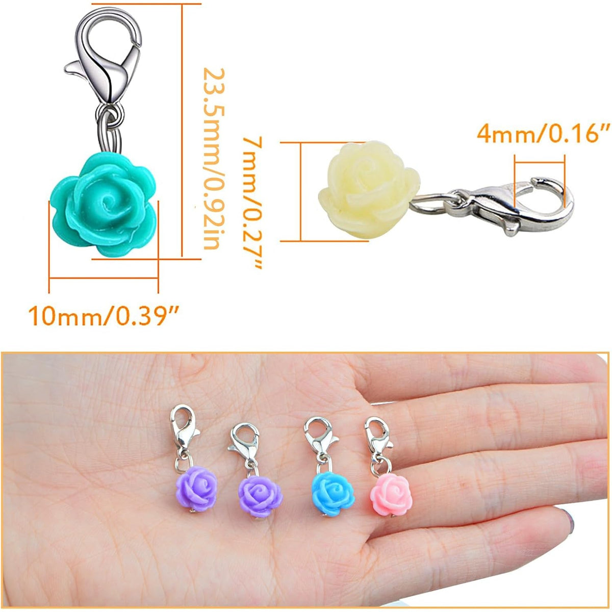 24pcs Clip On Flower Charms Rose Dangle Charms Pendant with Lobster Clasp for DIY Bracelet Necklace Jewelry Making,12 Colors