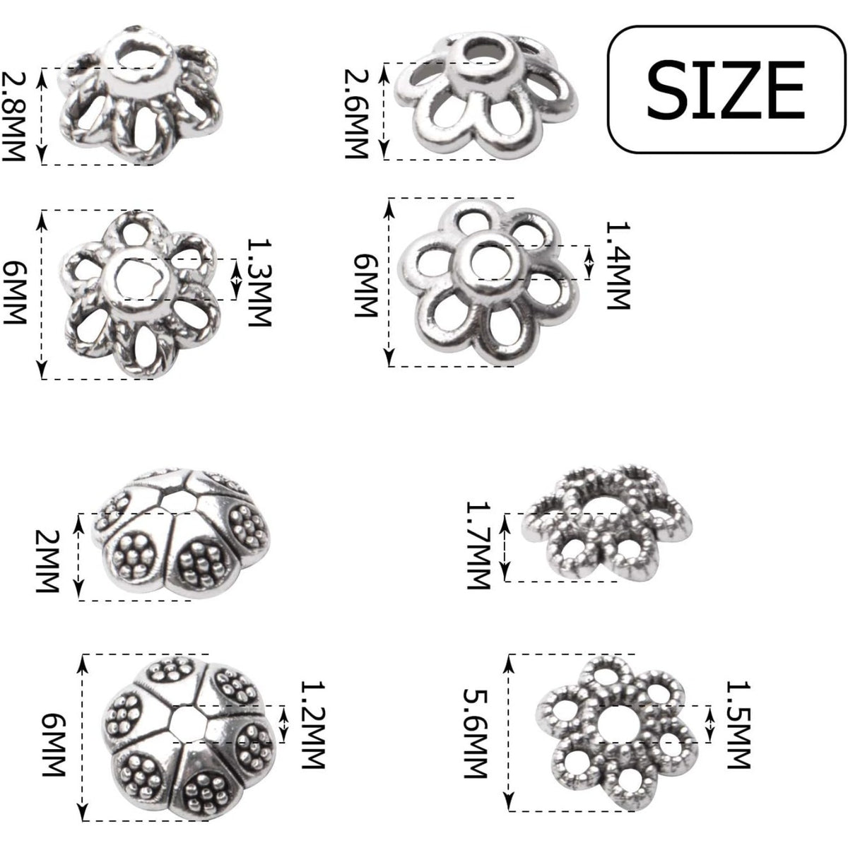 200pcs Antique Silver Flower Bead Caps Alloy Tibetan Style Bead End Caps Spacer Cap Beads Jewelry Caps for Bracelet Necklace Earrings Jewelry Making Supplies, 4 Styles