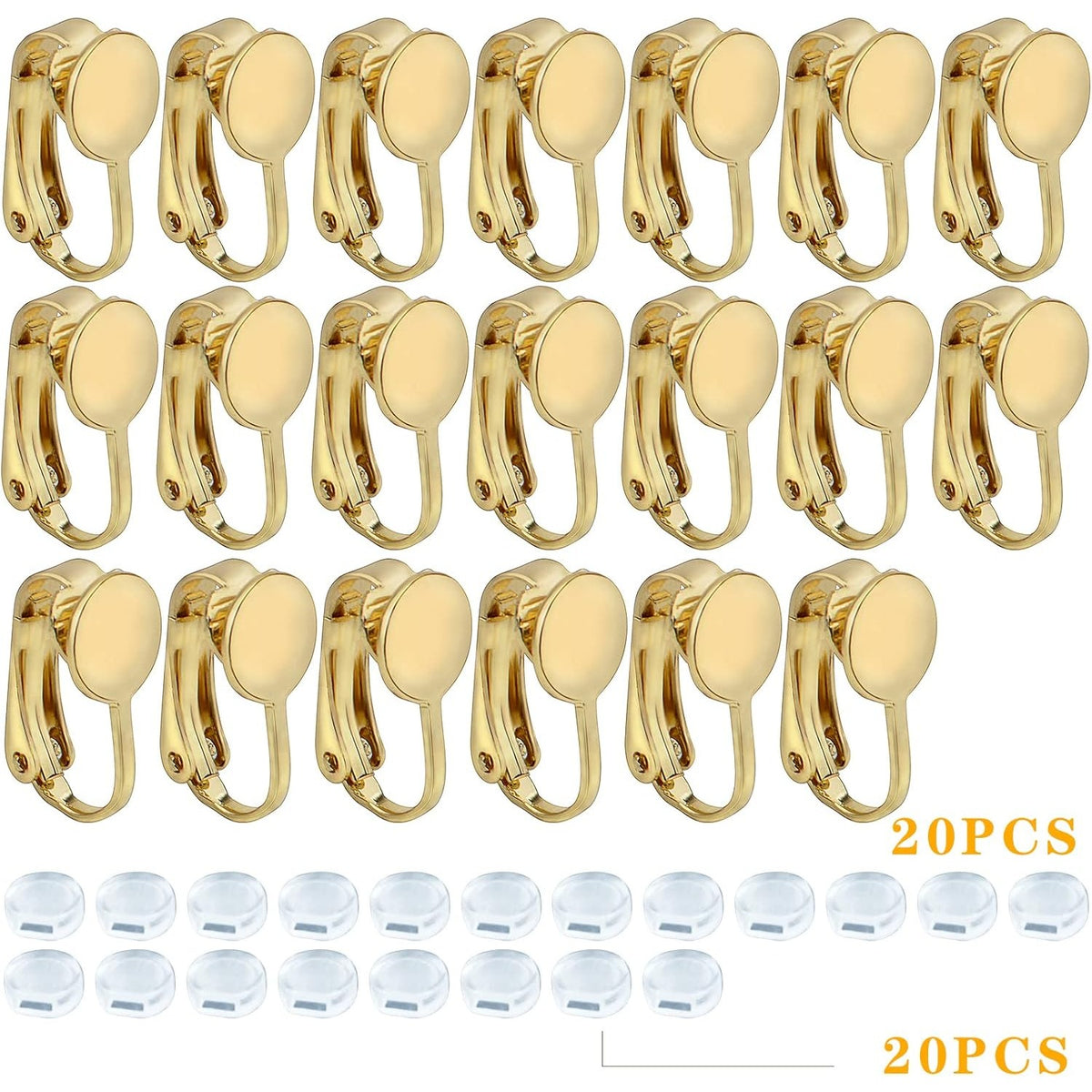 20pcs Clip-on Earring Converters Brass Round Flat Back Tray Earring Clips Components with Silicon Earring Pads for DIY Earrings Design Jewelry Making Findings, Gold and Silver
