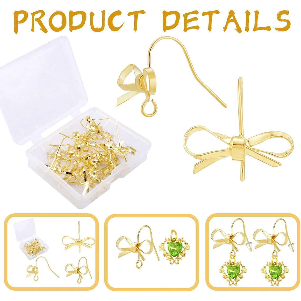 1 Box of 20pcs Bowknot Earring Hooks with Hole 14K Golden Plated Alloy Bow Dangle Earrings Findings and 20pcs Clear Earring Safety Backs for Women DIY Crafts Jewelry Making Supplies