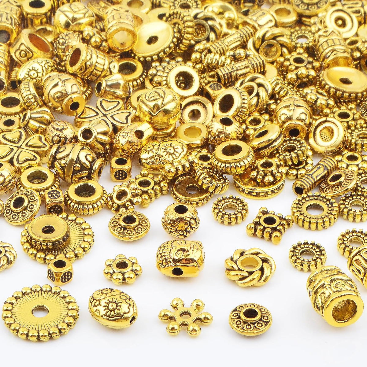 100 Gram Mixed Styles Tibetan Alloy Spacer Beads - Antique Golden Round Column Tube Loose Beads - Jewelry Findings Accessories for DIY Necklace Bracelet Earrings Craft Supplies