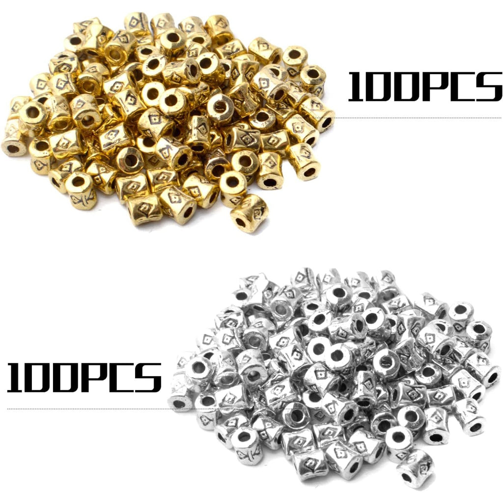 200pcs Tube Spacers Beads Alloy Tibetan Column Bead Spacer Hollow Loose Beads for Jewelry Bracelet Earrings Crafts Making,Antique Gold,Antique Silver