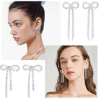 2 Pairs of Bow Rhinestone Dangle Earrings Silver Bowtie Tassels Ribbon Diamond Chain Drop Earring Studs Dangling for Women Bridal DIY Earrings Findings Wedding Prom Gift
