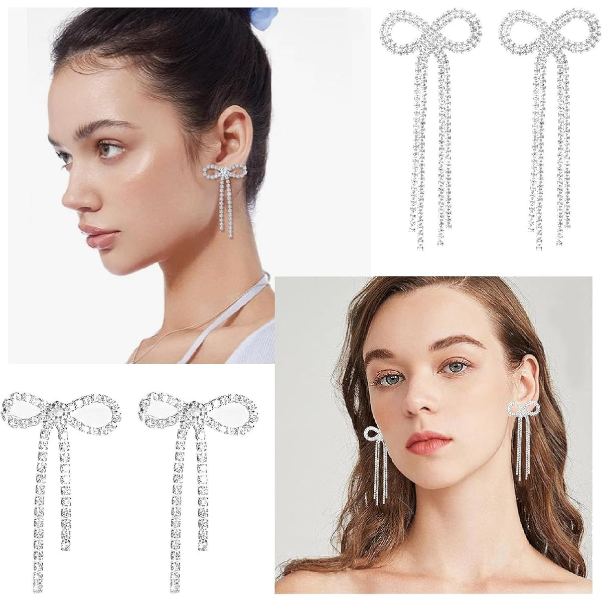 2 Pairs of Bow Rhinestone Dangle Earrings Silver Bowtie Tassels Ribbon Diamond Chain Drop Earring Studs Dangling for Women Bridal DIY Earrings Findings Wedding Prom Gift