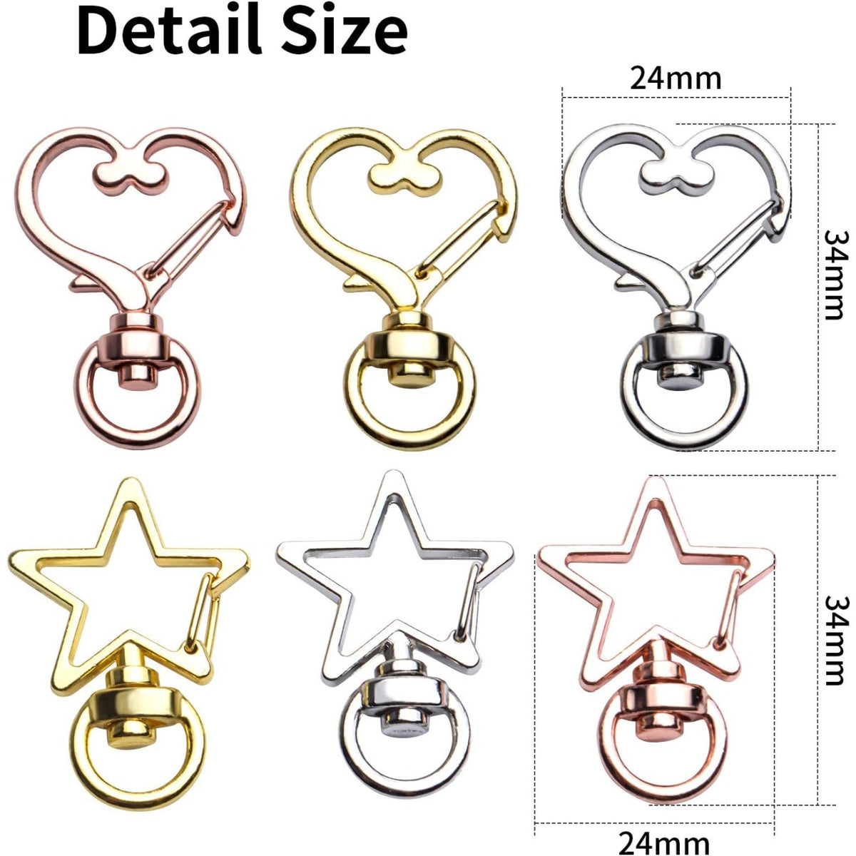Lobster Claw Clasps, 24pcs Metal Swivel Claw Clasps Star and Heart Shape Snap Hook with Key Rings Swivel Lanyard Clips for Bag Keychain DIY Crafts, Golden, Silver, Rose Golden, 34x24mm