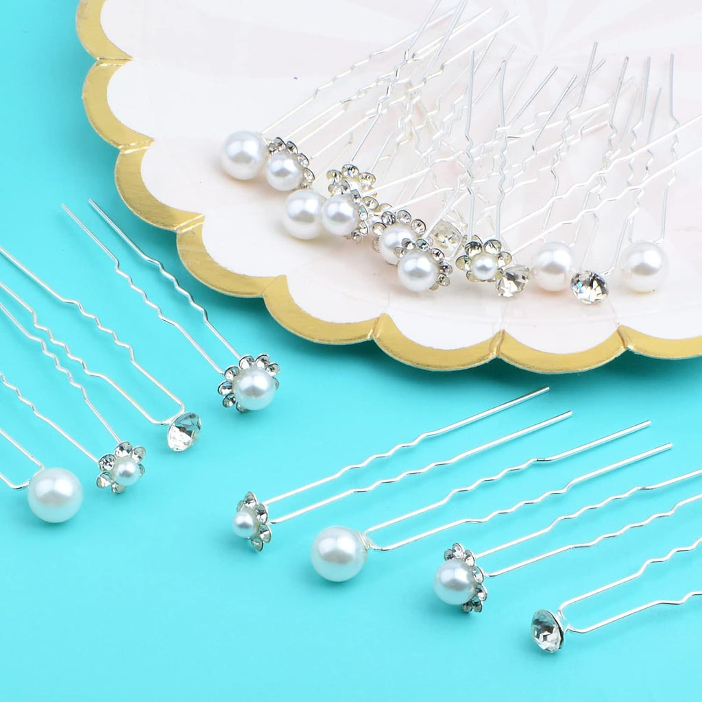 24pcs Silver Pearl Hair Pins Headpiece Metal U-shaped Rhinestone Flower Embellished Bobby Pins Bridal Hair Accessories for Women Girls Bride Bridesmaid Wedding, 4 Styles